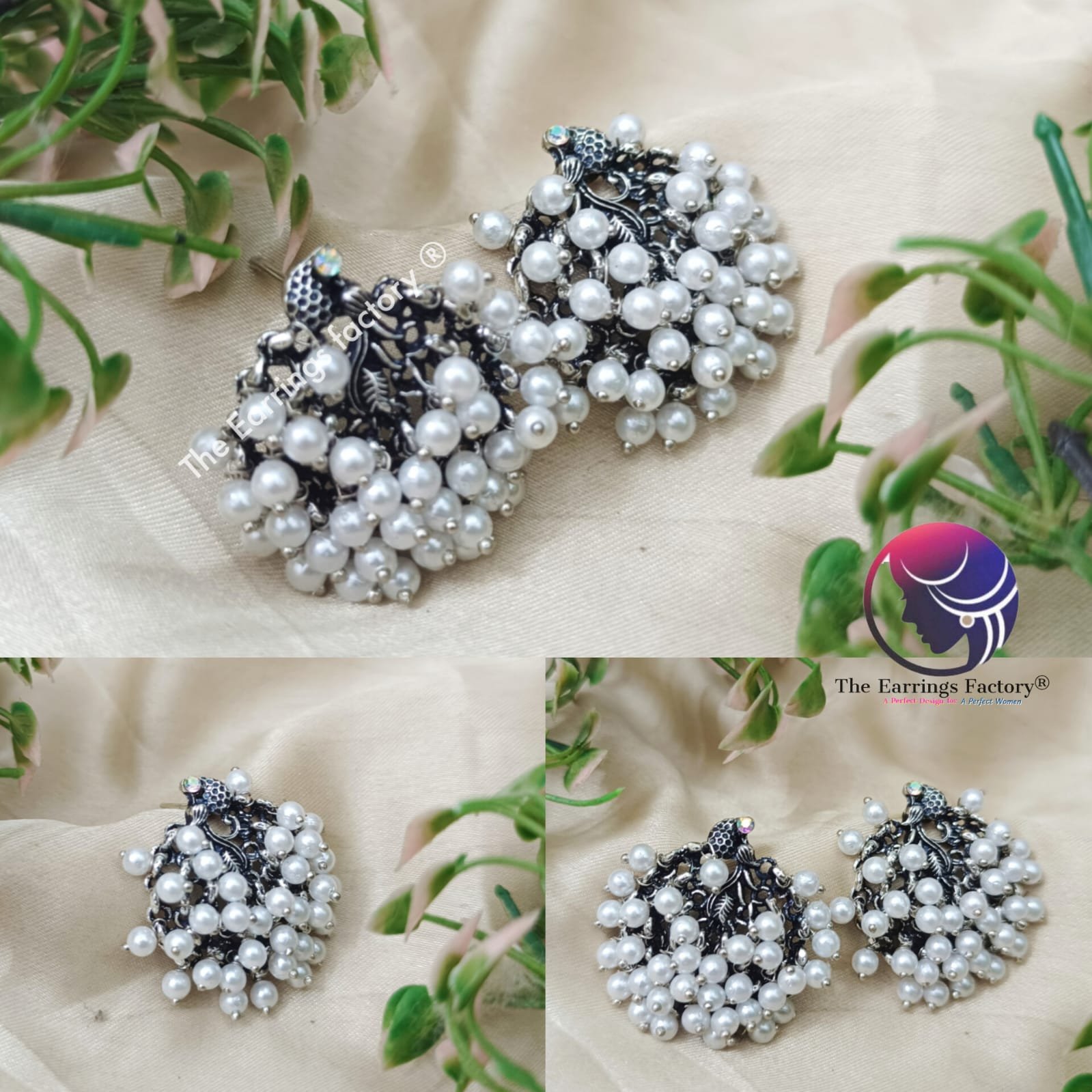 Trending Oxidised Silver Pearl bunch Peacock stone studs