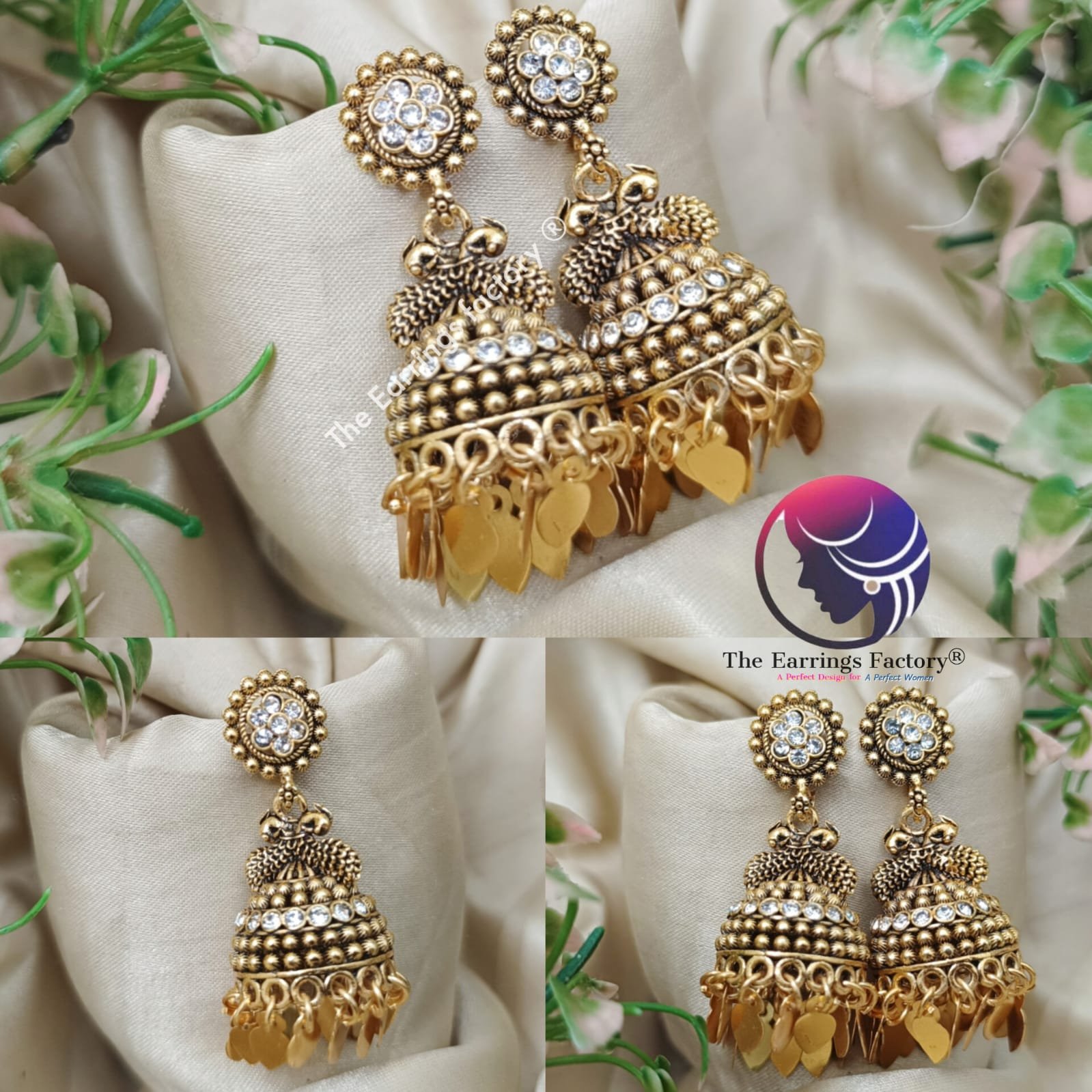 Traditional Golden Colourful Metal Leaf Elakkuthali stone jhumk