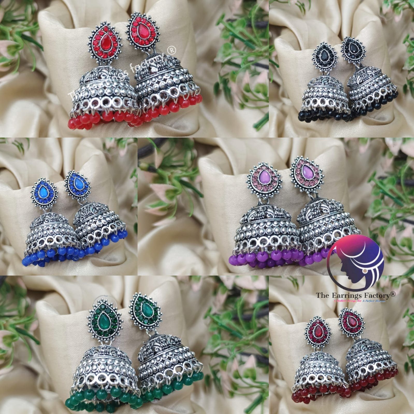 Traditional Silver Colourful Pearl beads stone jhumka