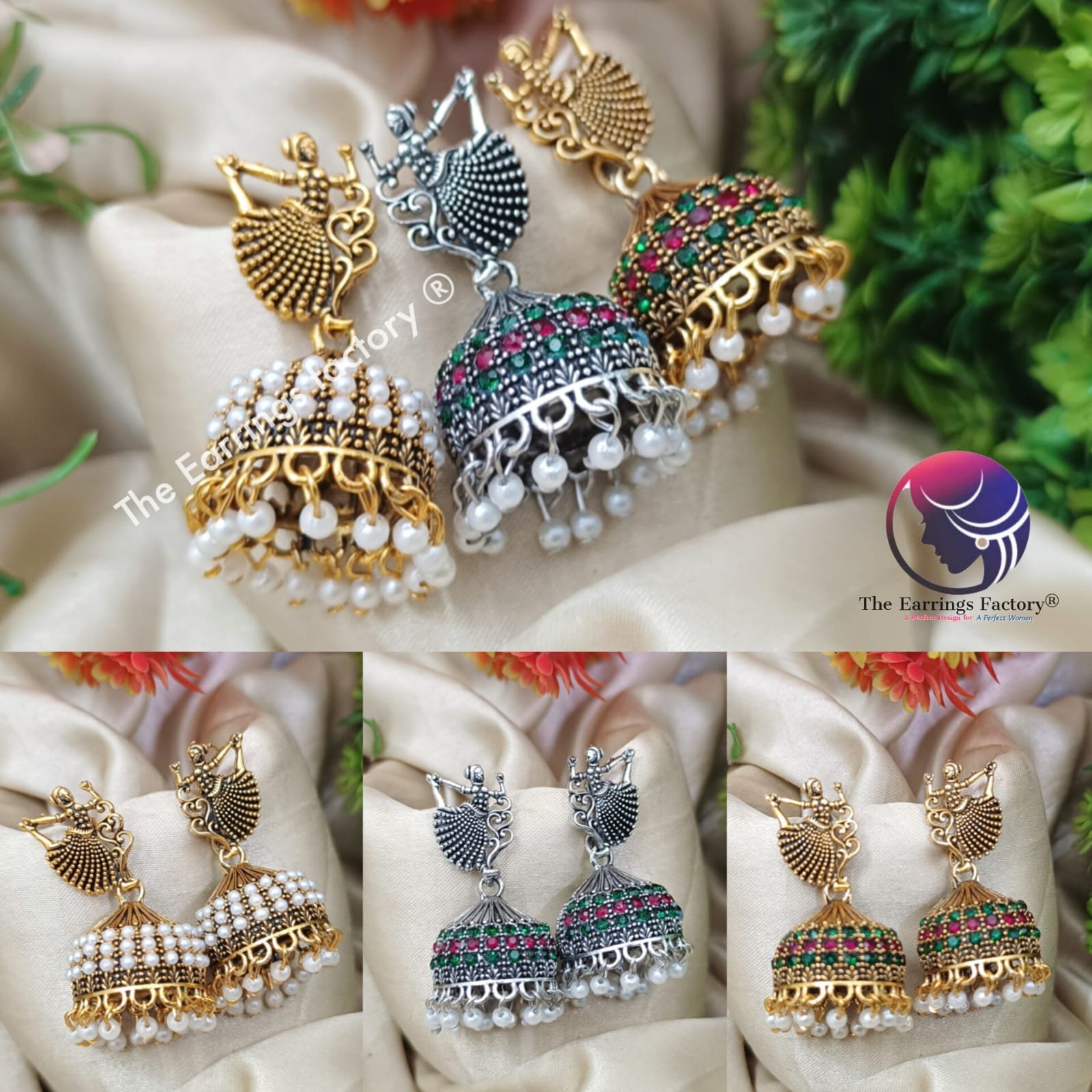 Traditional Golden | Silver Pearl Beads Doll Stone Jhumka