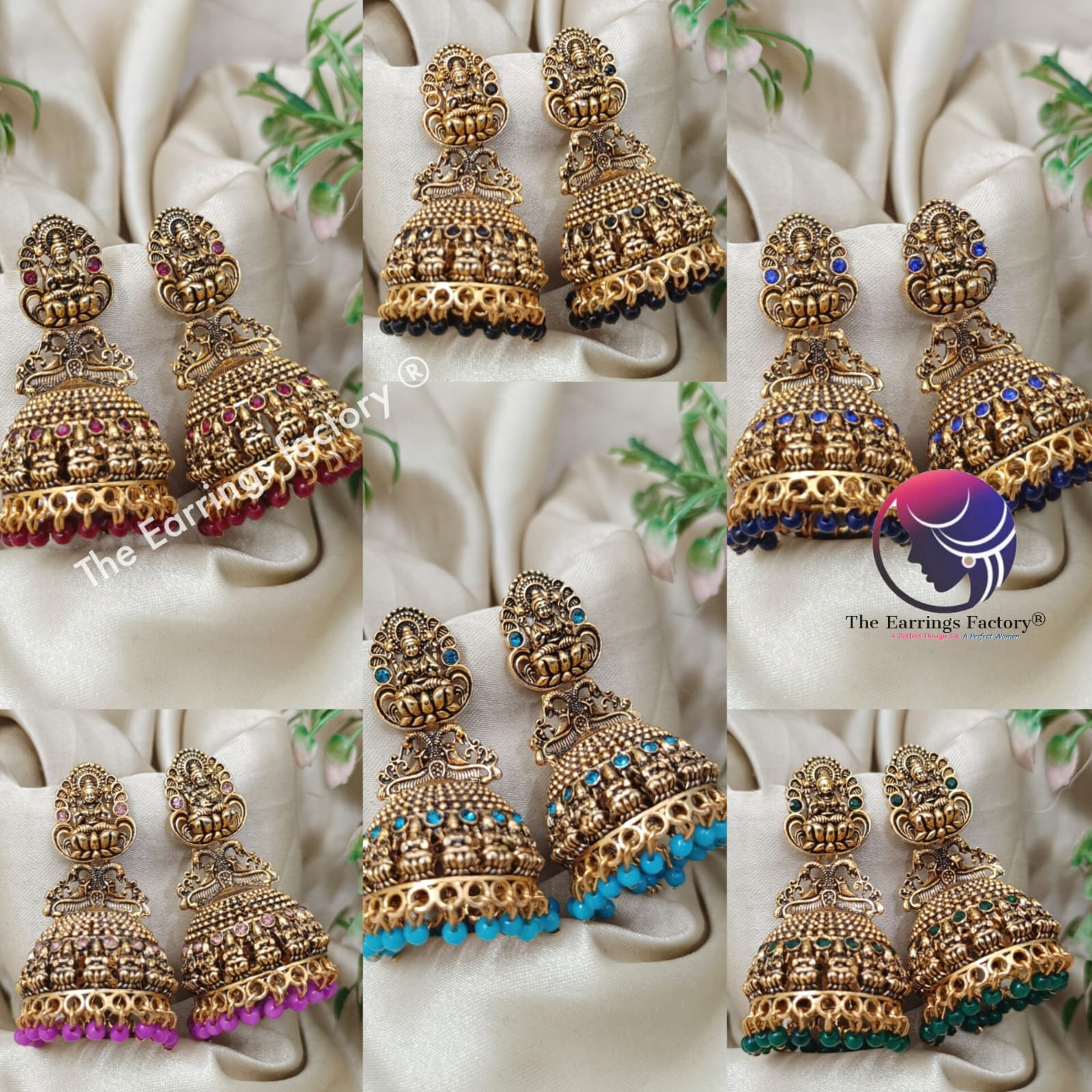 Traditional Golden lakshmi Colourful Pearl beads stone Temple jhumka
