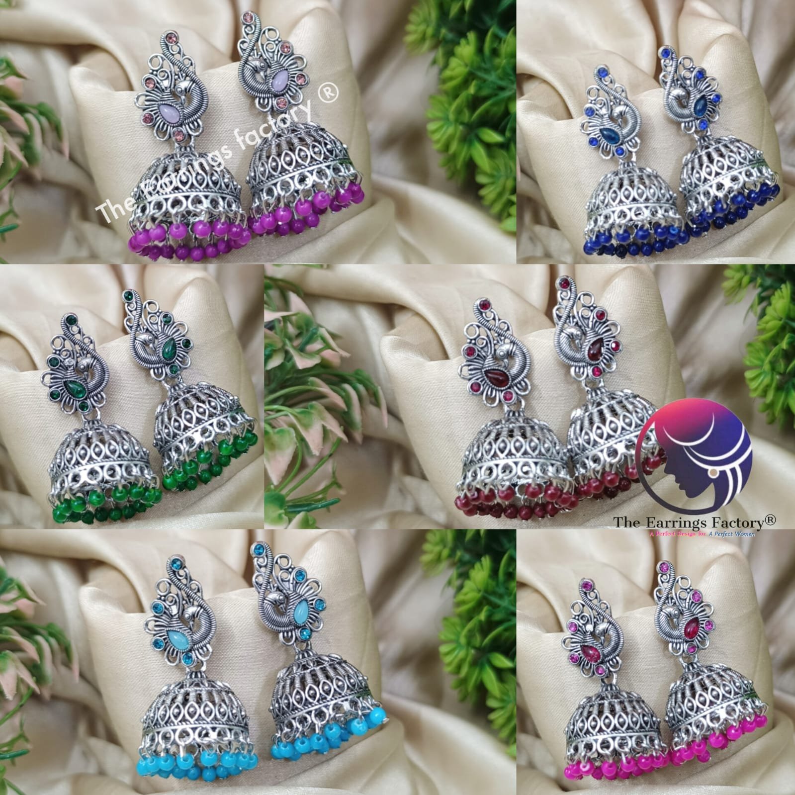 Traditional Silver Peacock Colourful Pearl beads Stone jhumka