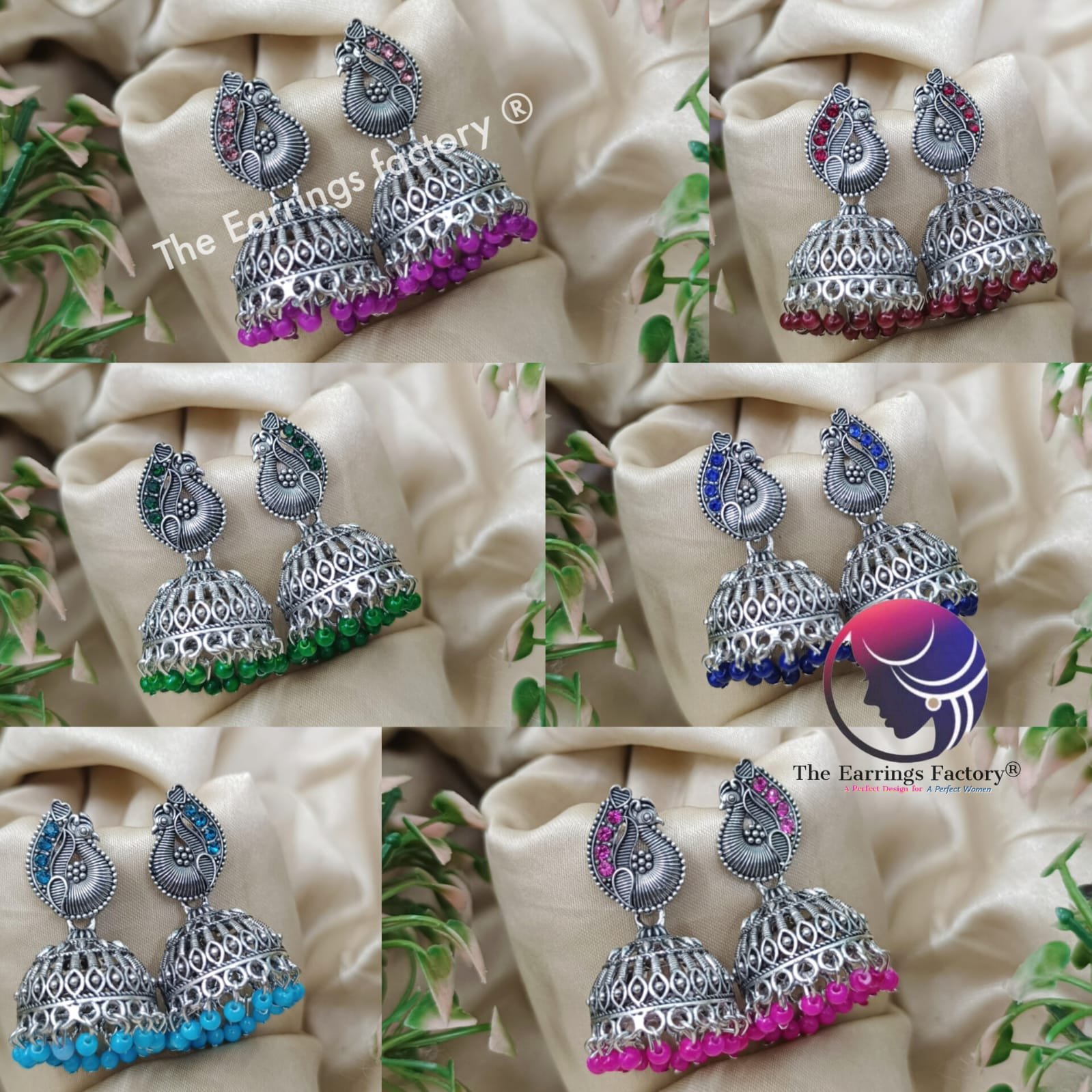 Traditional Silver Peacock Colourful Pearl beads Stone jhumka
