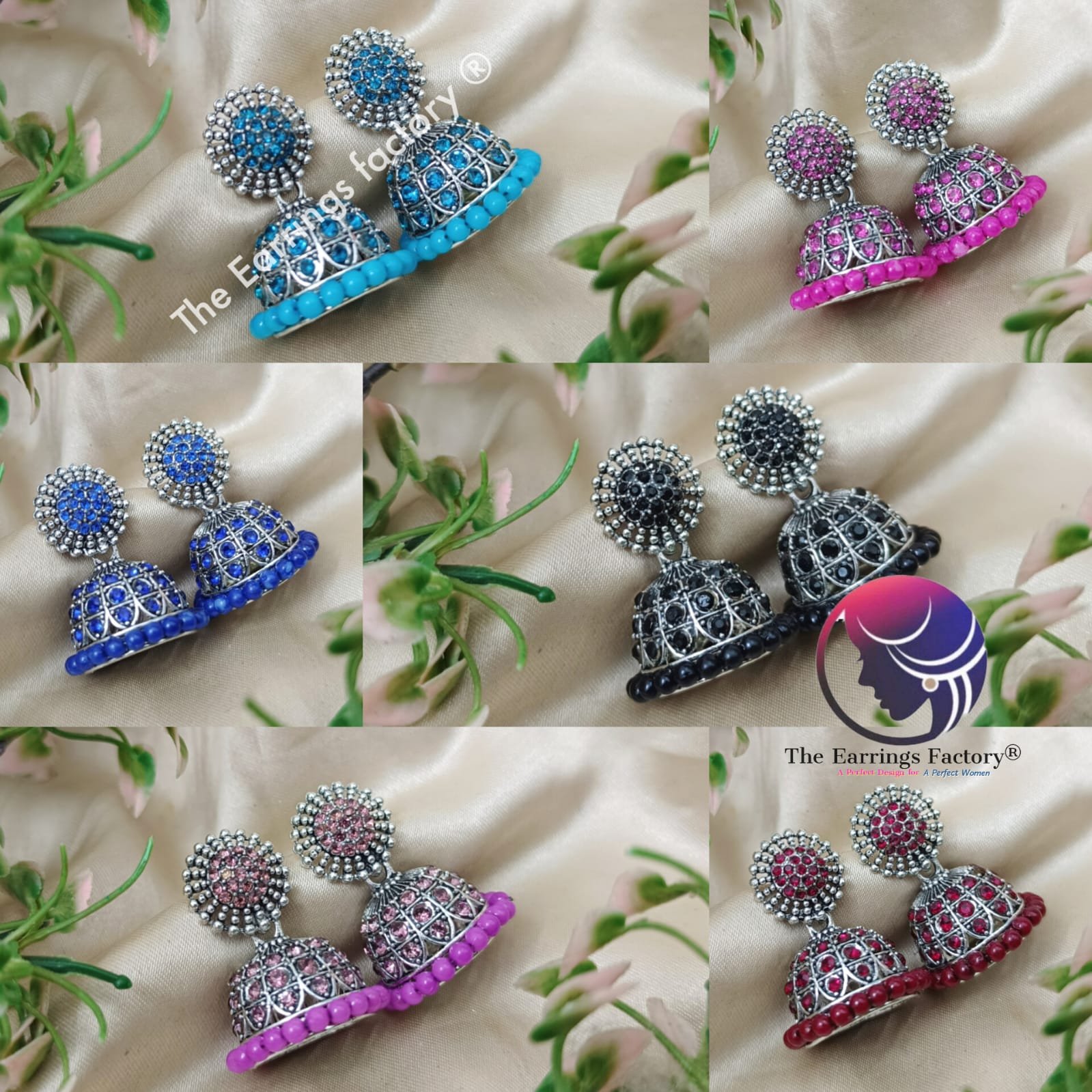 Traditional Silver Colourful Pearl beads Stone jhumka