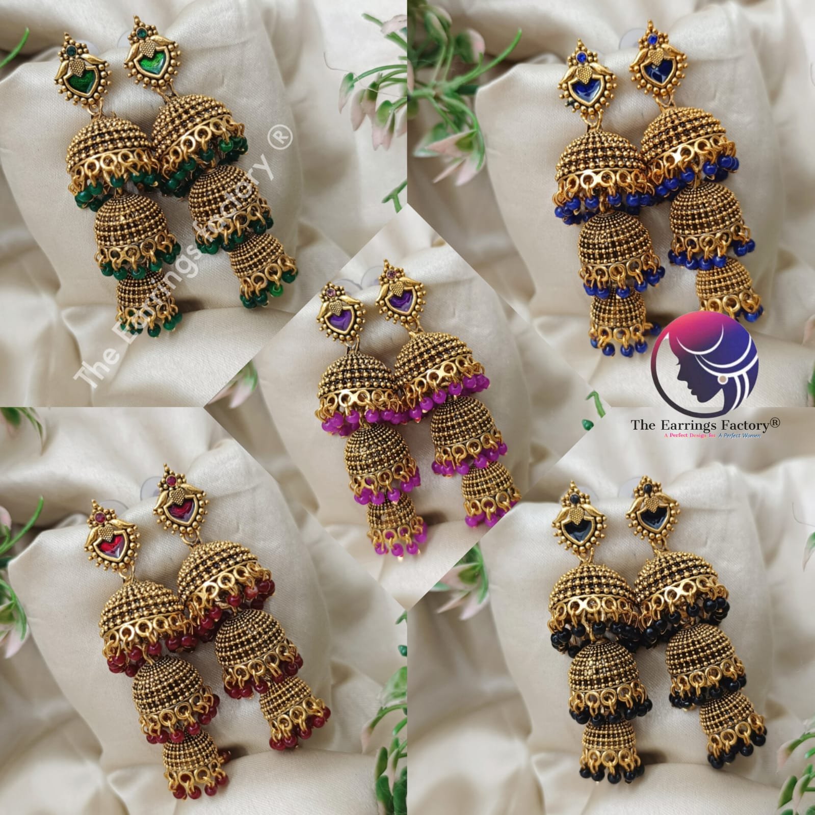 Traditional Golden three Layer Colourful pearl beads Palakka Jhumka