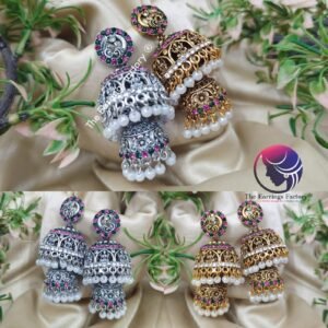 Traditional Lakshmi Golden | Silver Two Layer Pearl beads Multi Stone Temple Jhumka