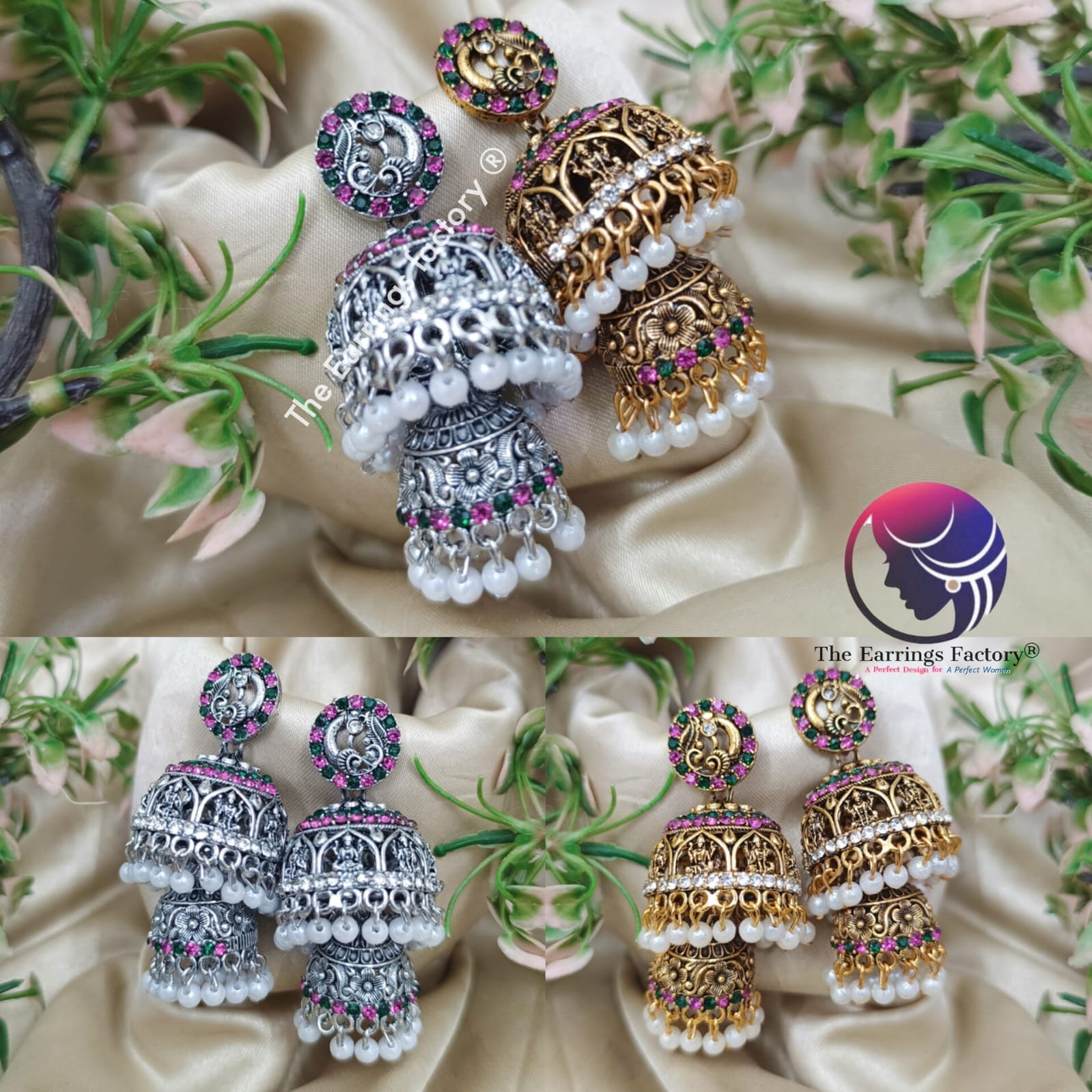 Traditional Lakshmi Golden | Silver Two Layer Pearl beads Multi Stone Temple Jhumka