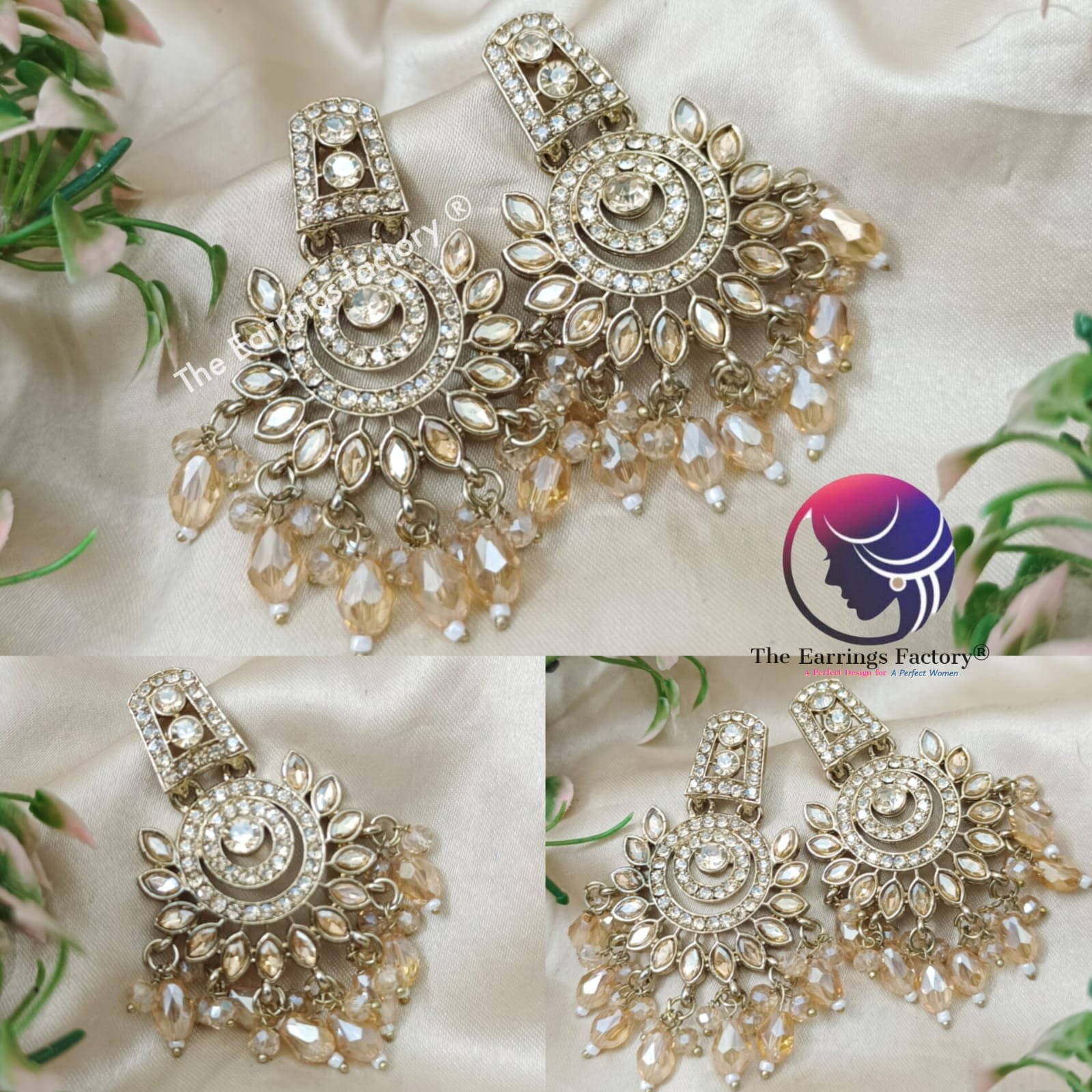 Party Wear Golden Stone Pearl Beads Stone Earrings