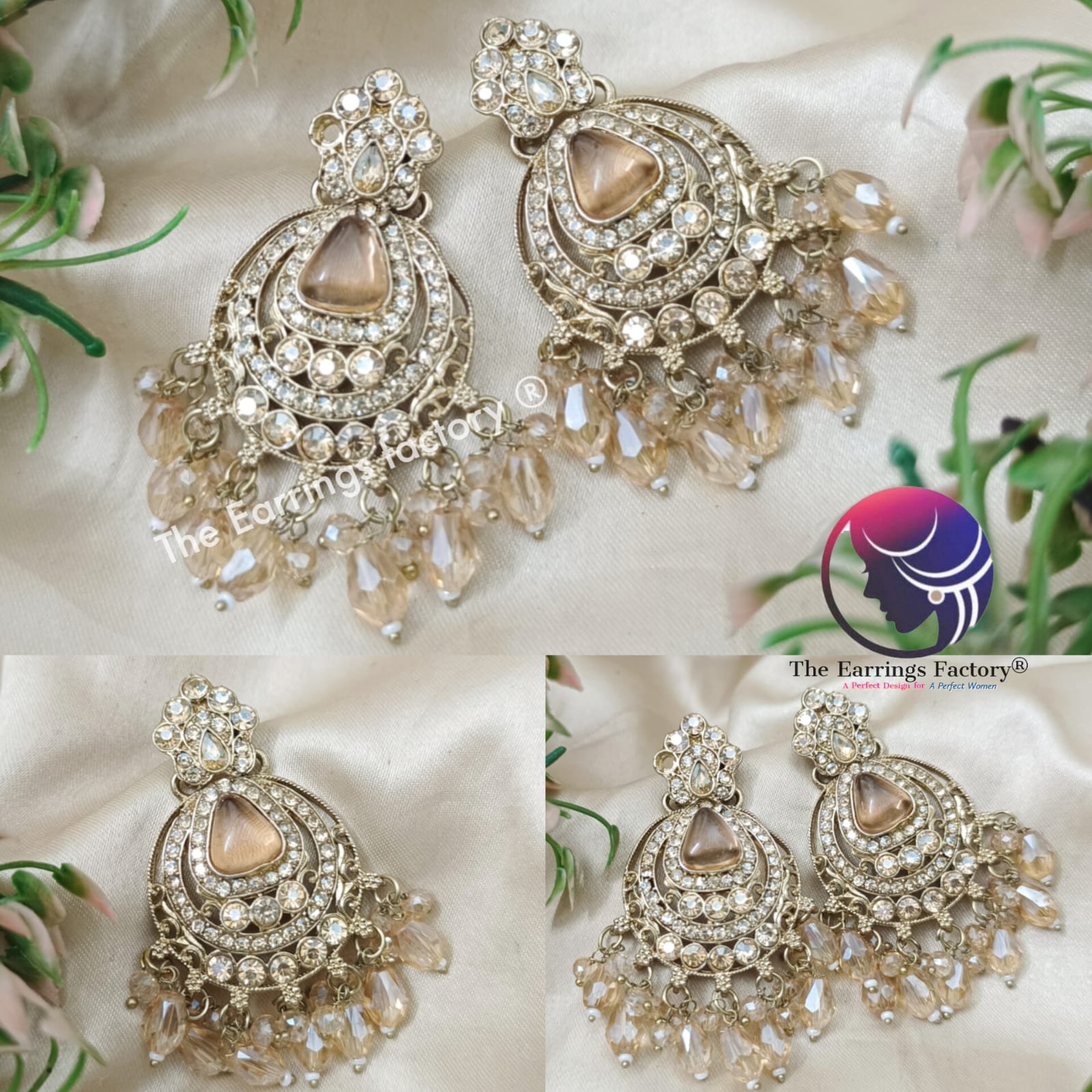 Party Wear Golden Stone Pearl Beads Stone Earrings