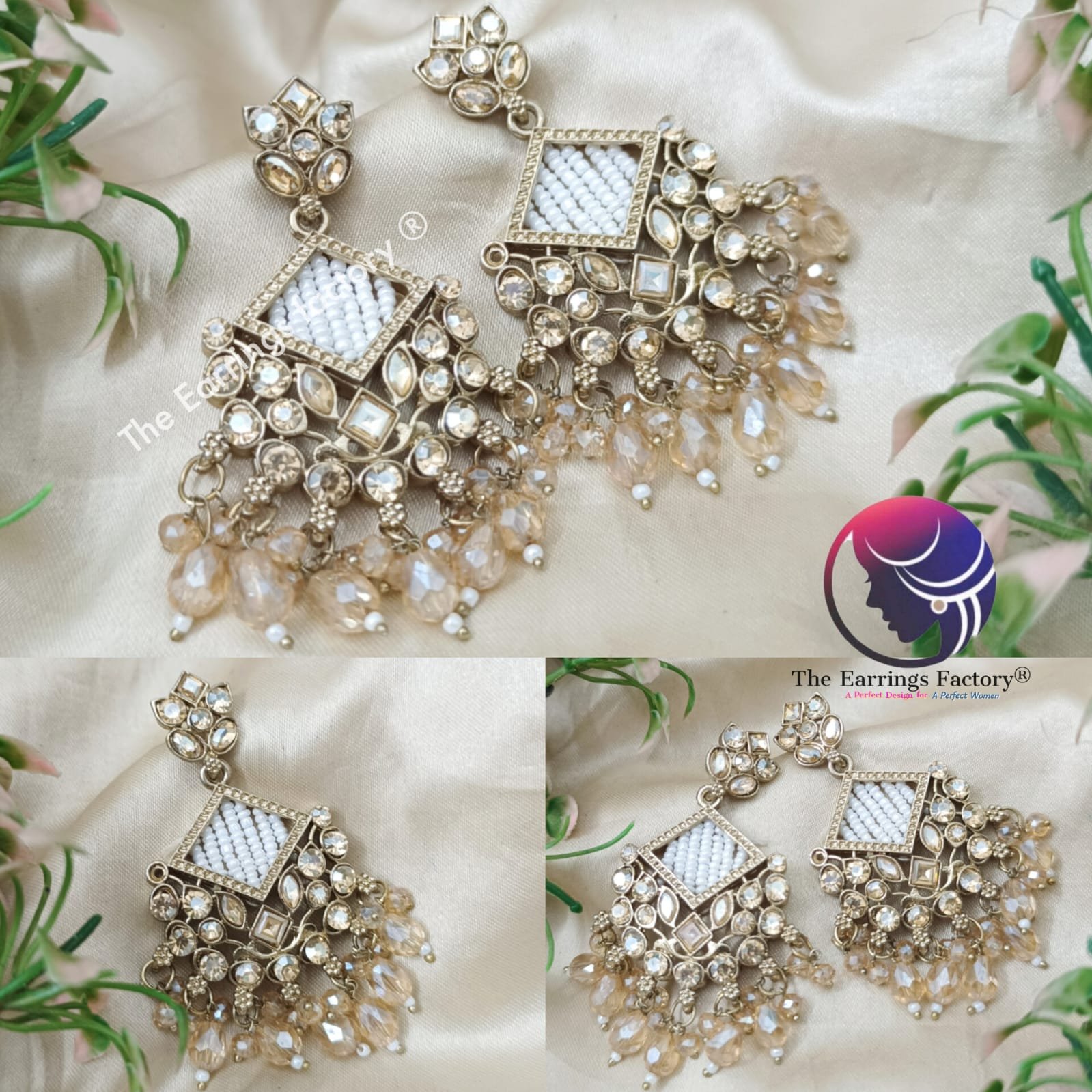 Party Wear Golden Stone Pearl Beads Stone Earrings
