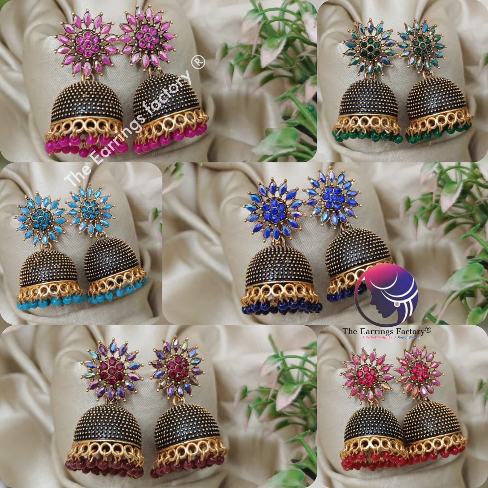 Traditional Golden Colourful Pearl Beads Floral Stone Jhumka