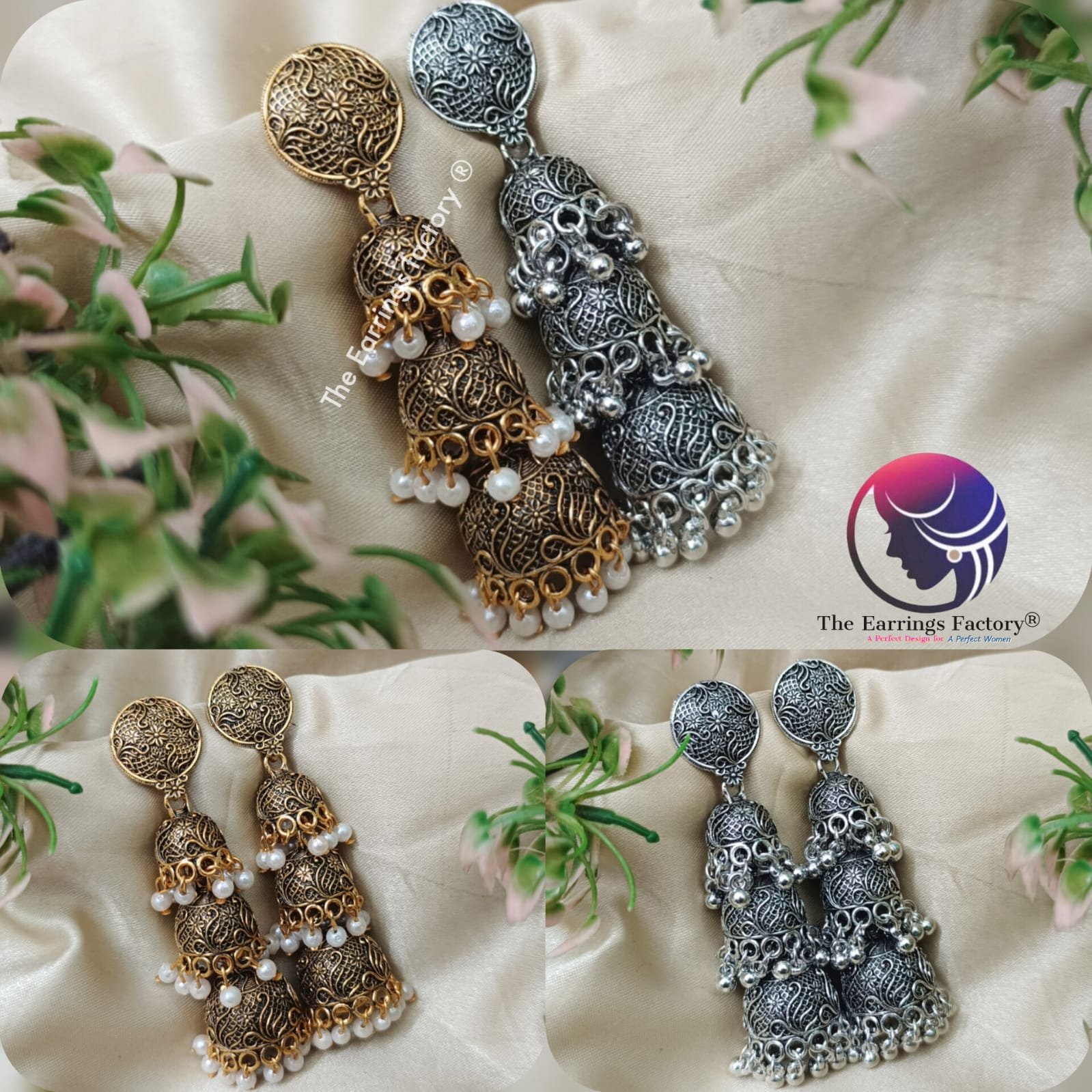 Traditional Golden | Silver three Layer Pearl beads Long Jhumka