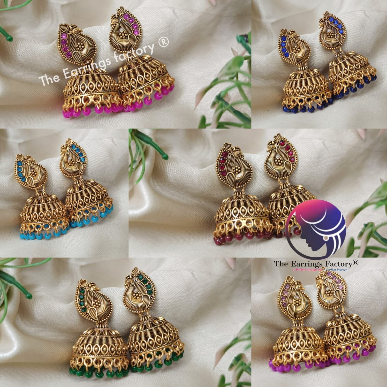 Traditional Golden Peacock Colourful Pearl beads Stone jhumka