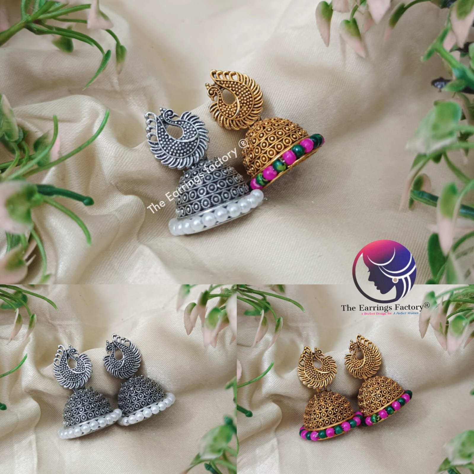 Traditional Golden | Silver Pearl beads Peacock Jhumka