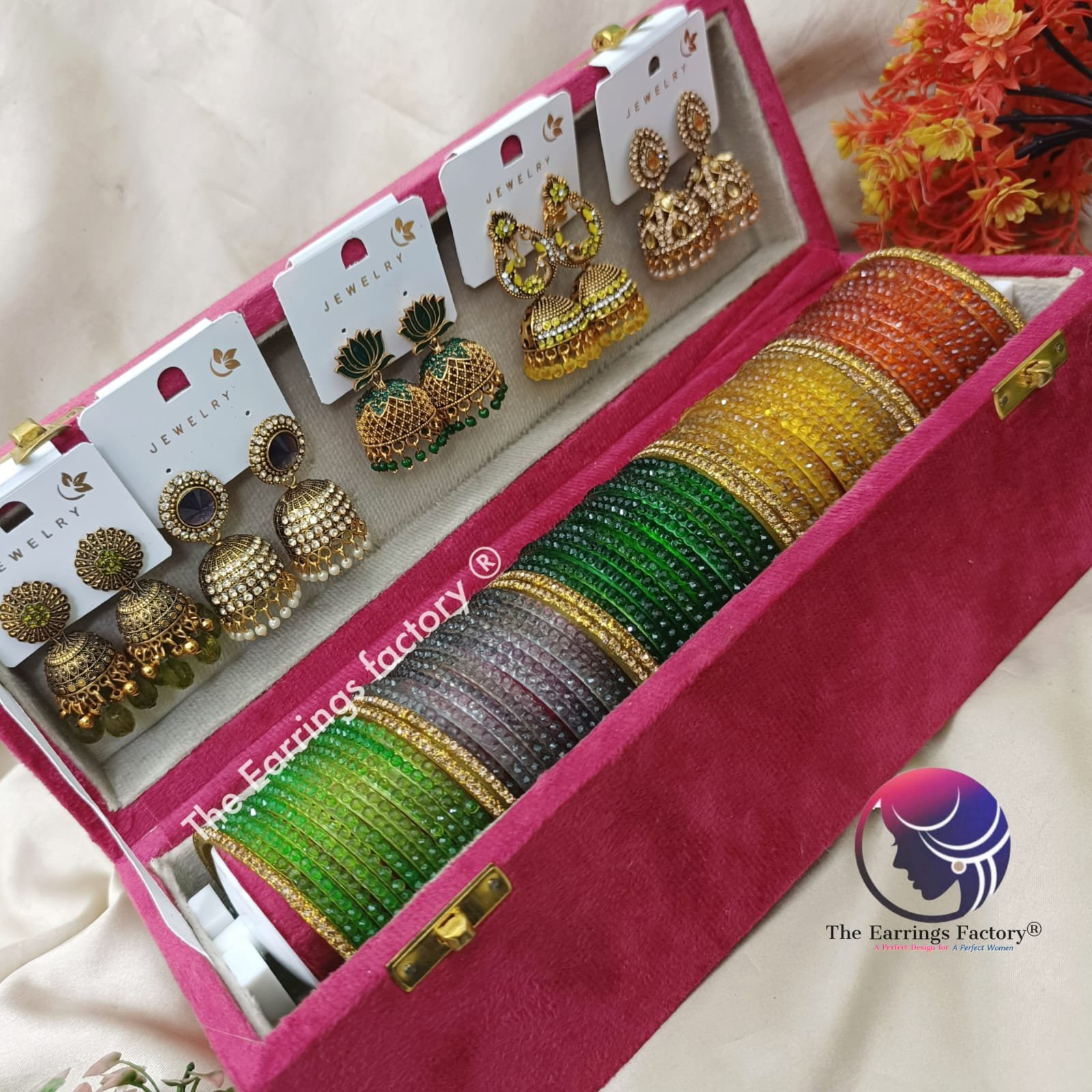 Trending Set of 5 Cube cut Glass Bangles and Jhumka With box - Image 3