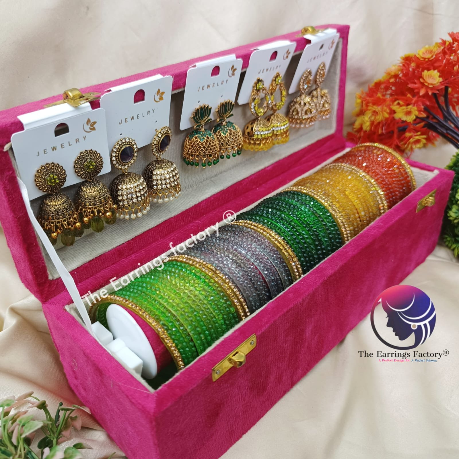 Trending Set of 5 Cube cut Glass Bangles and Jhumka With box