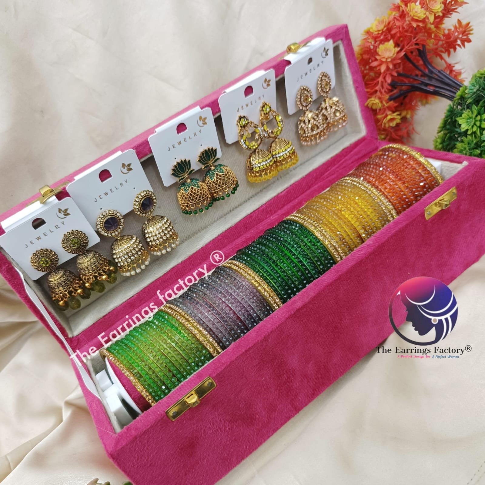 Trending Set of 5 Cube cut Glass Bangles and Jhumka With box - Image 2
