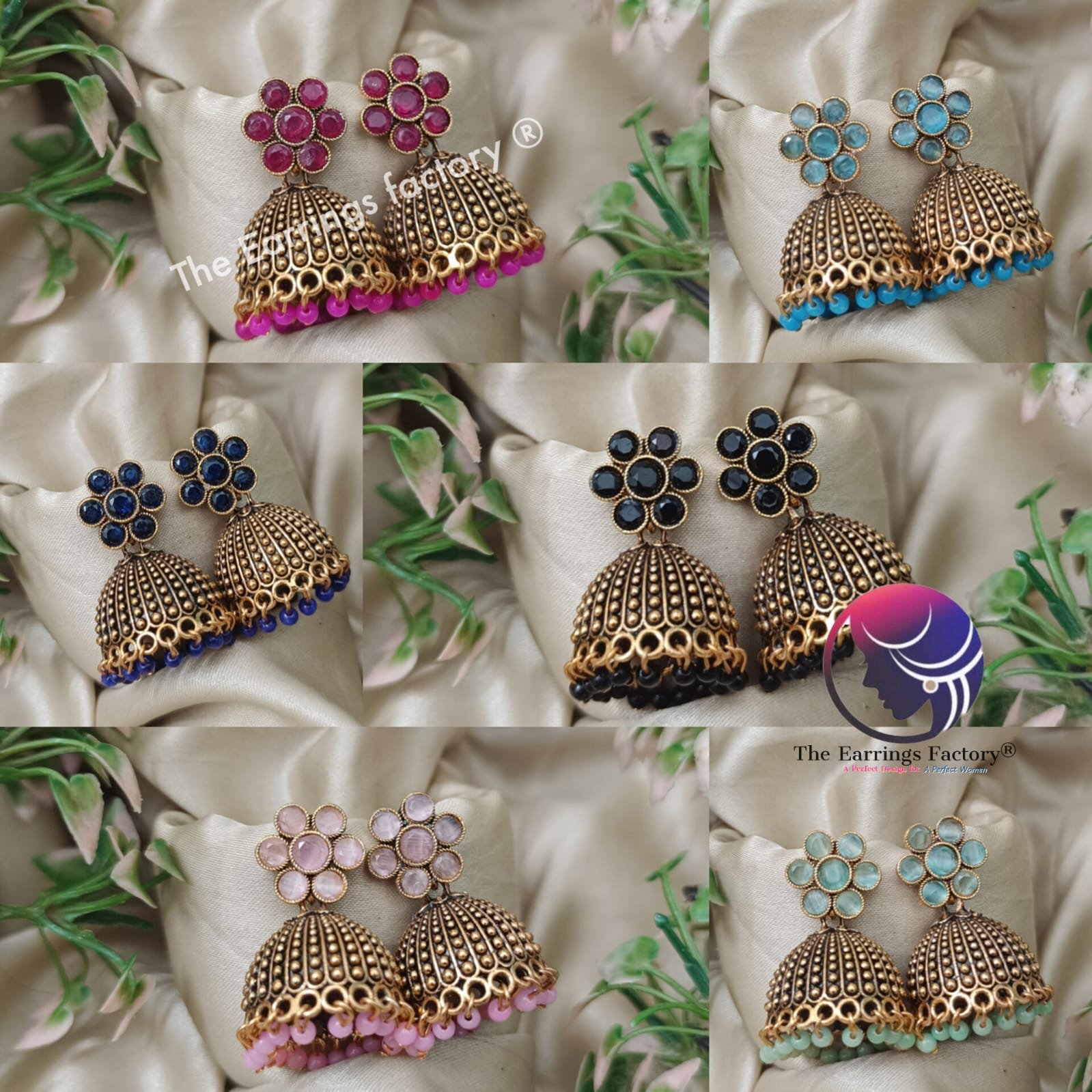 Traditional Golden Colourful Pearl Beads Floral Stone Jhumka