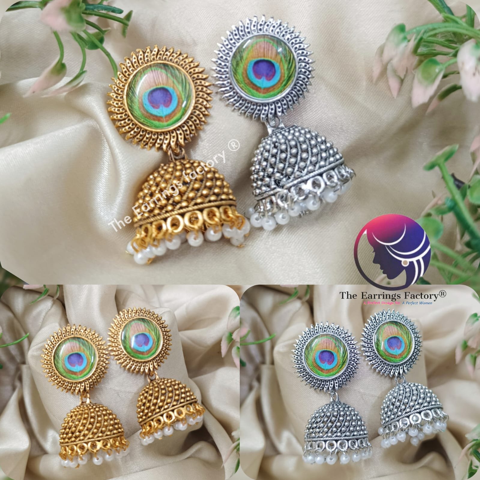 Trending Golden | Silver Pearl Beads Peacock Feather Jhumka