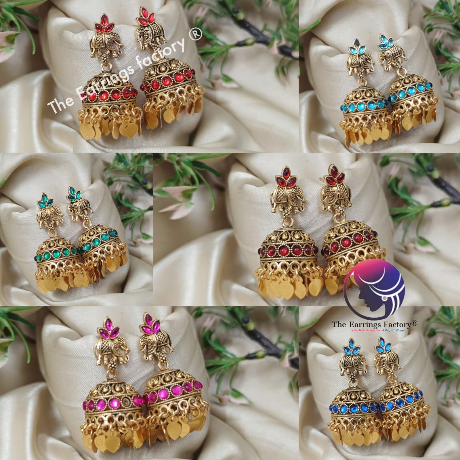Traditional Elephant Golden Colourful Stone Metal Leaf Elakkuthali stone jhumka