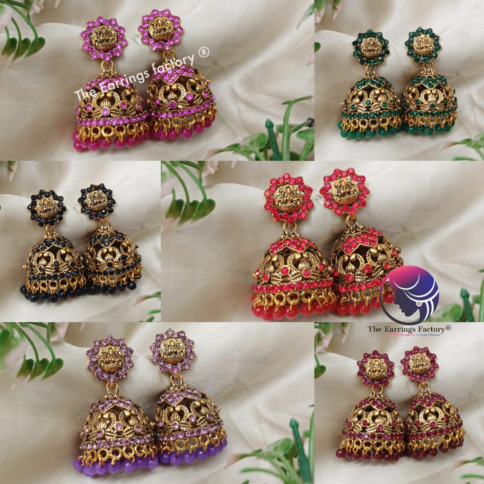 Traditional Golden lakshmi Colourful Pearl beads stone Temple jhumka