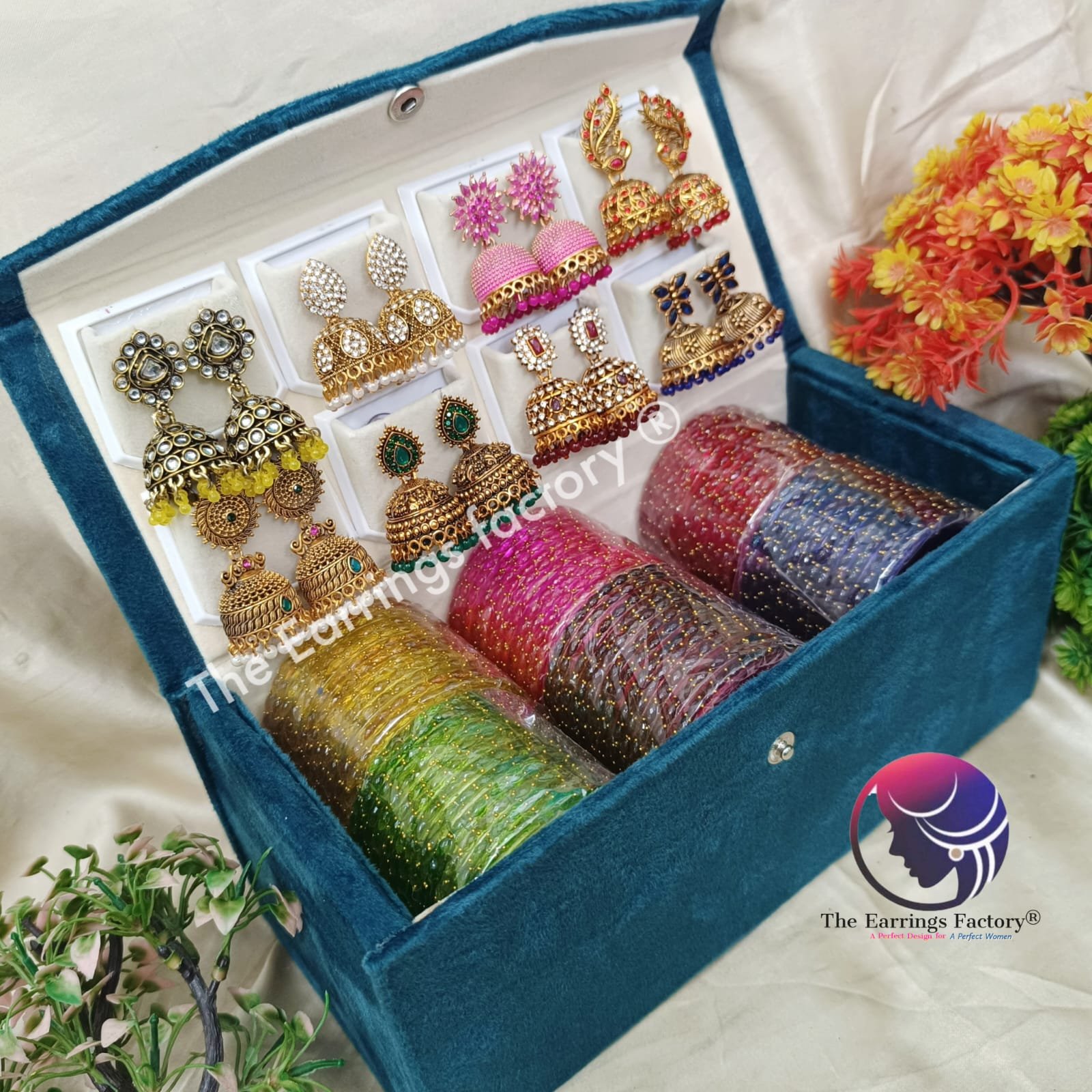 Trending Set of 6 Raindrop Glass Bangles and 8 Set of Jhumka With box