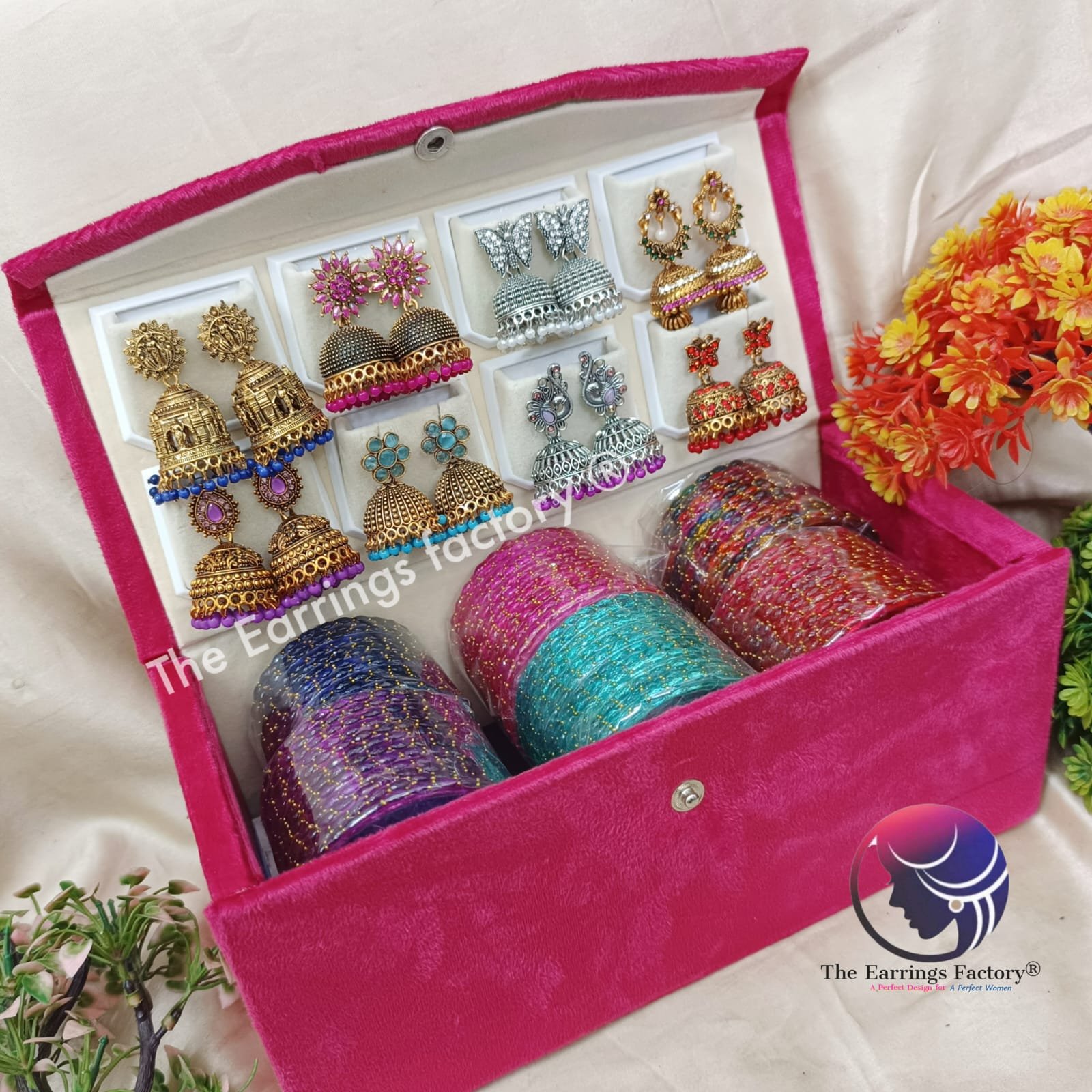 Trending Set of 6 Raindrop Glass Bangles and 8 Set of Jhumka With box
