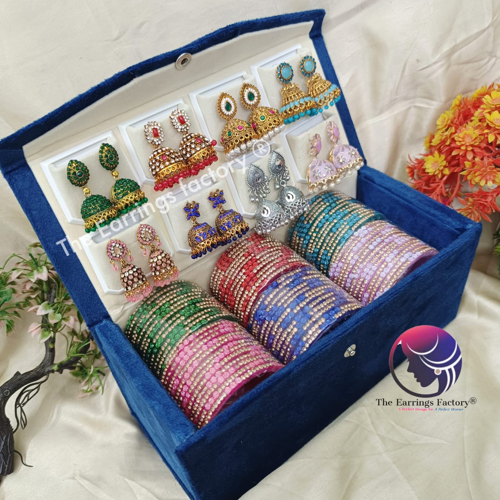 Trending Set of 6 Floral stone work Glass Bangles and 8 Set of Jhumka With box