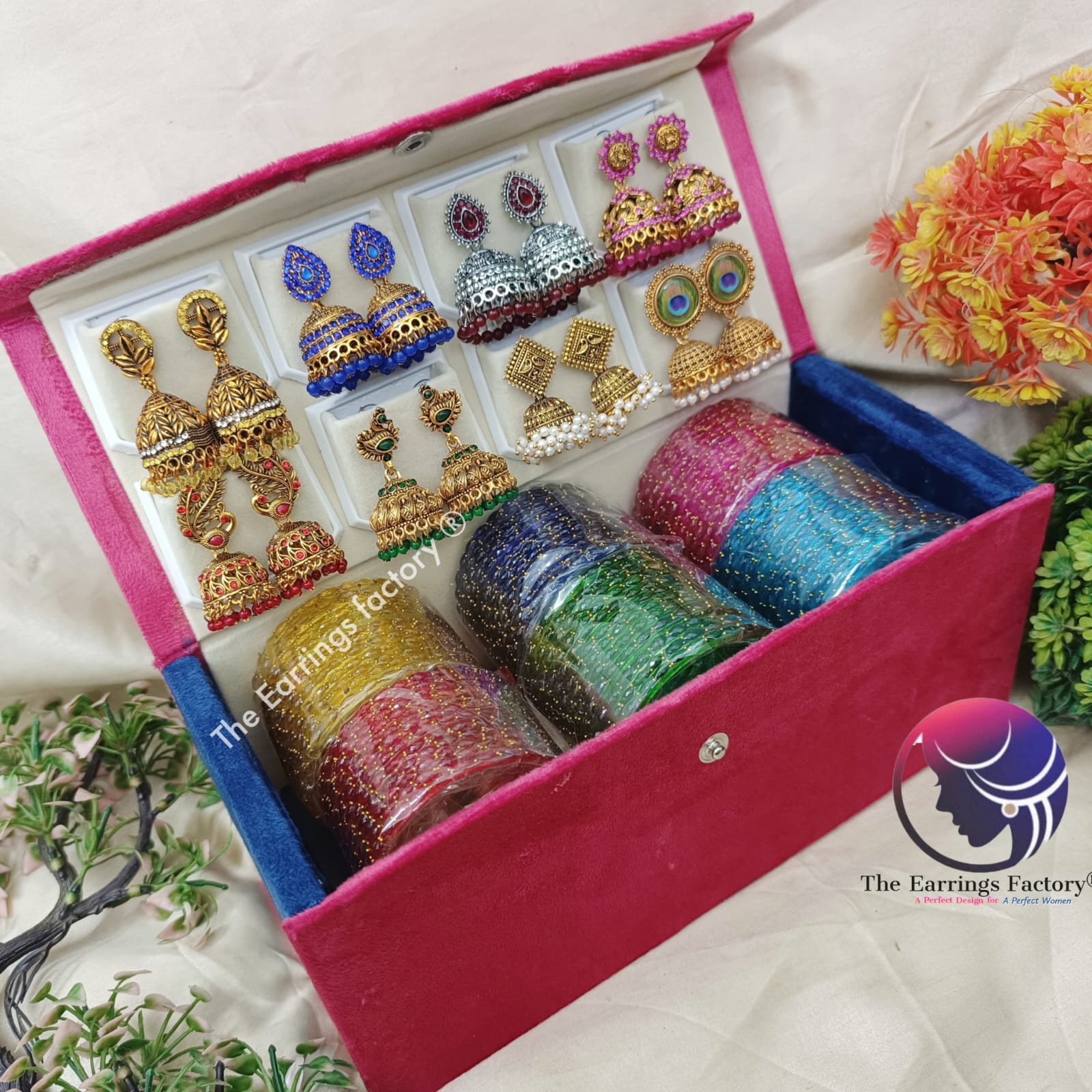 Trending Set of 6 Raindrop Glass Bangles and 8 Set of Jhumka With box