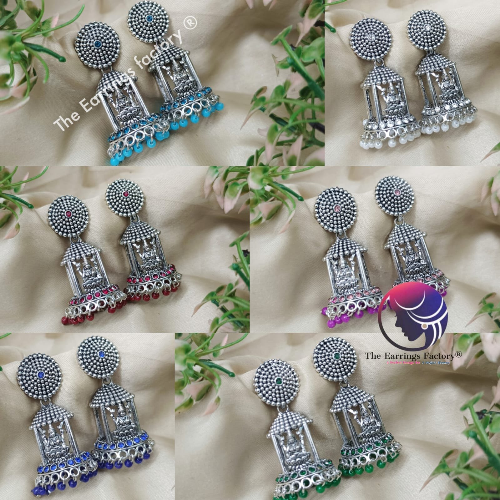 Traditional Silver Lakshmi Colourful Pearl beads Temple Stone jhumka