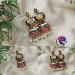 Traditional Golden Pearl Beads Multi Stone Jhumka