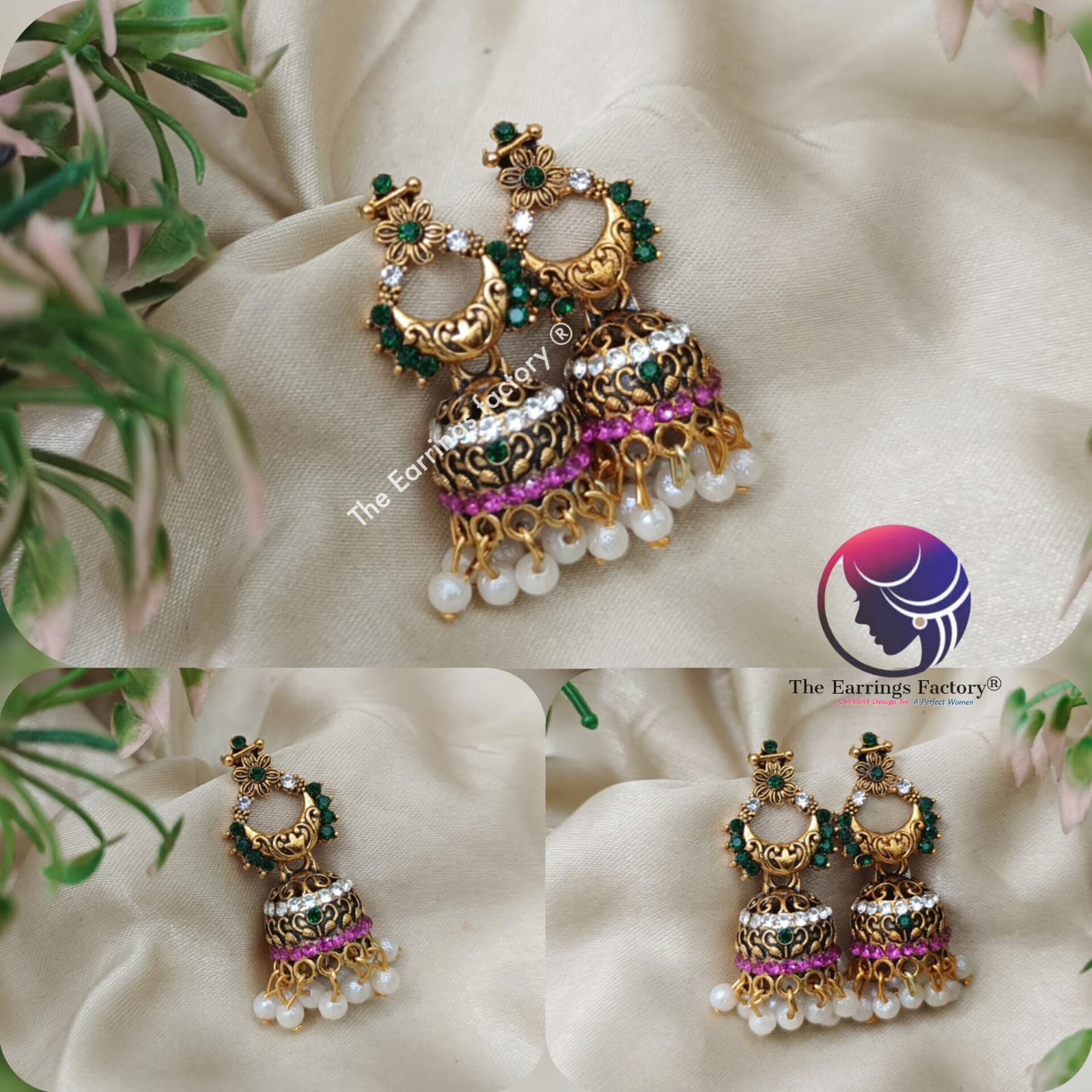 Traditional Golden Pearl Beads Multi Stone Jhumka
