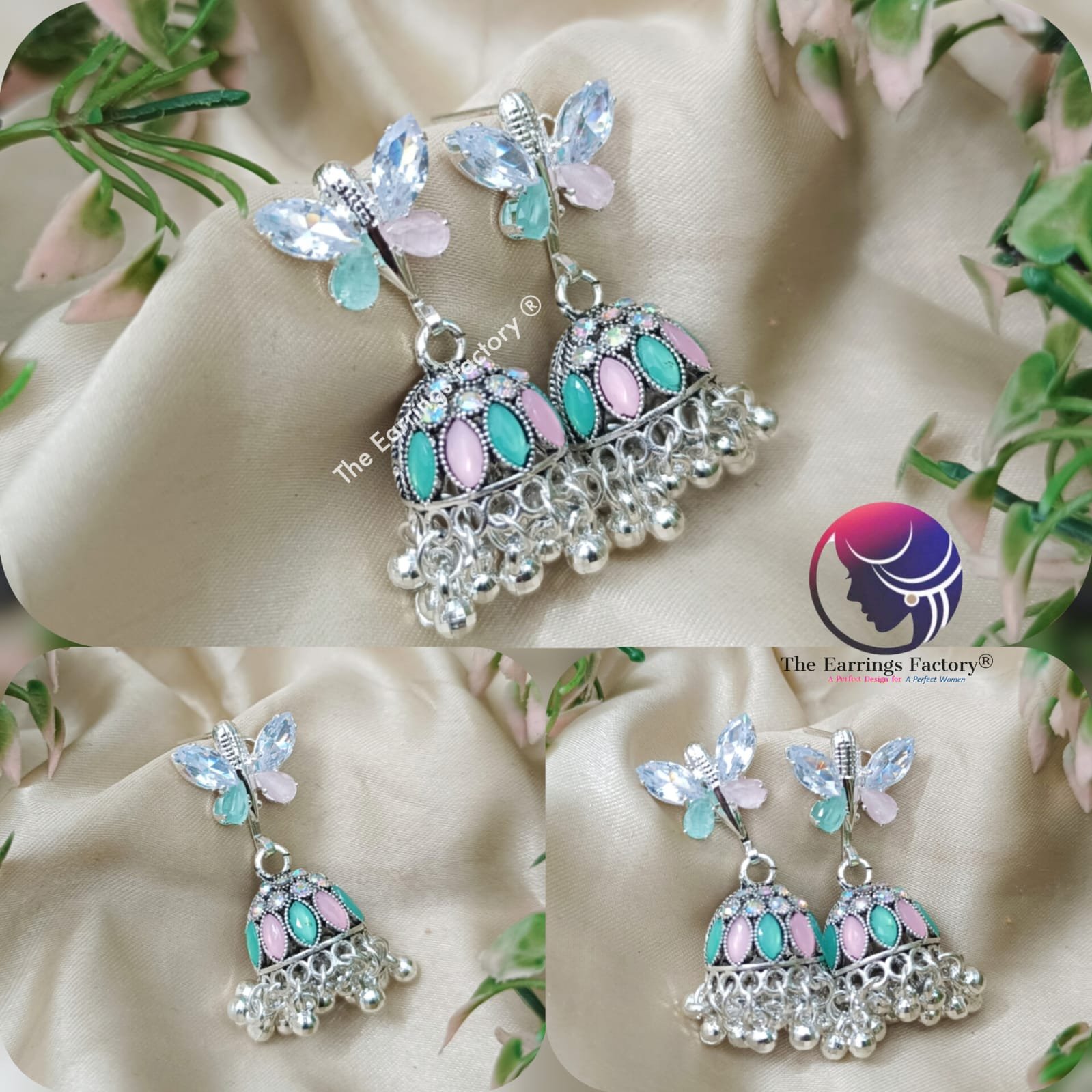Trending Weightless Silver beads Multi colour Butterfly stone Jhumka