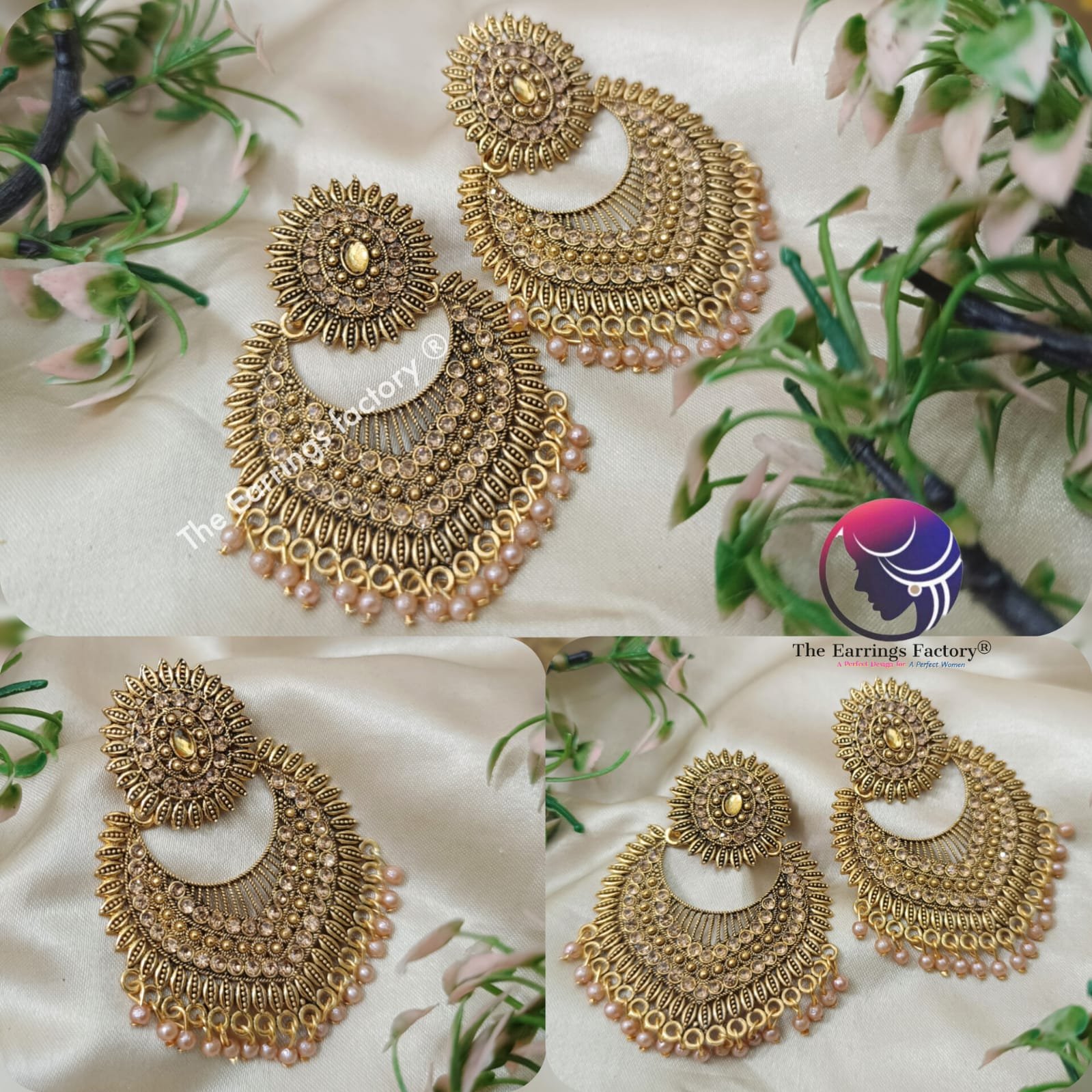 Trending Big Size Chandbali Golden Pearl Beads Stone Earrings