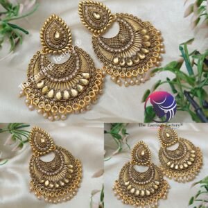 Trending Big Size Chandbali Golden Pearl Beads Stone Earrings