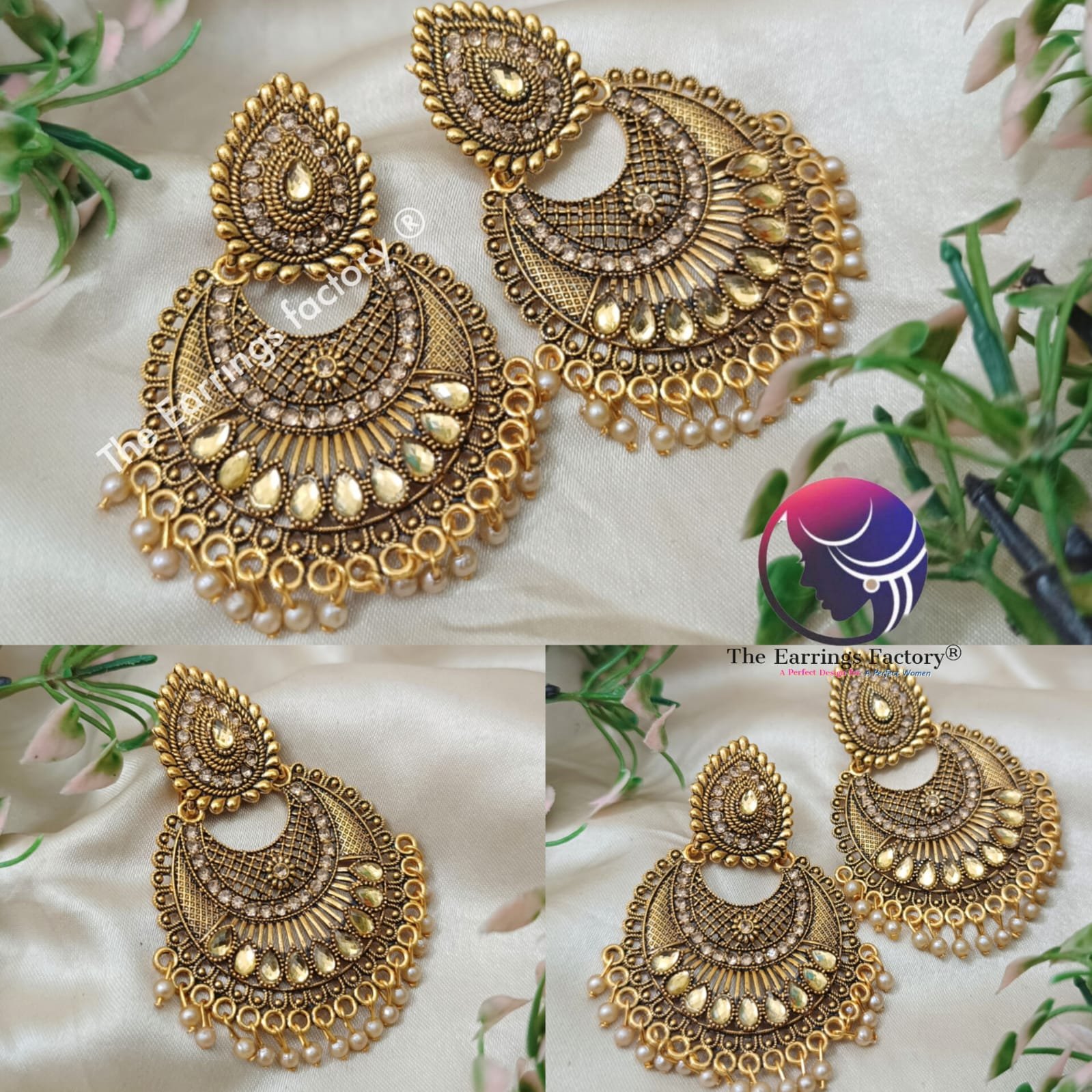 Trending Big Size Chandbali Golden Pearl Beads Stone Earrings