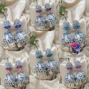 Traditional Lakshmi Silver Colourful Metal Leaf Elakkuthali Temple stone jhumka
