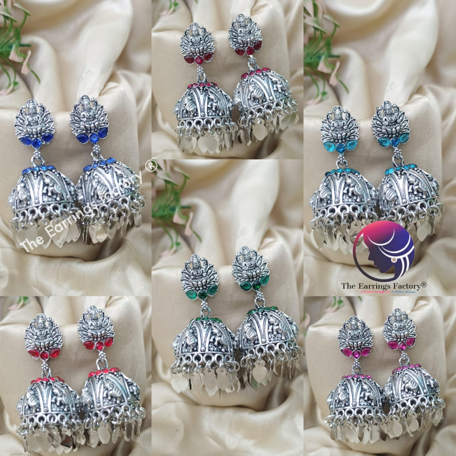 Traditional Lakshmi Silver Colourful Metal Leaf Elakkuthali Temple stone jhumka