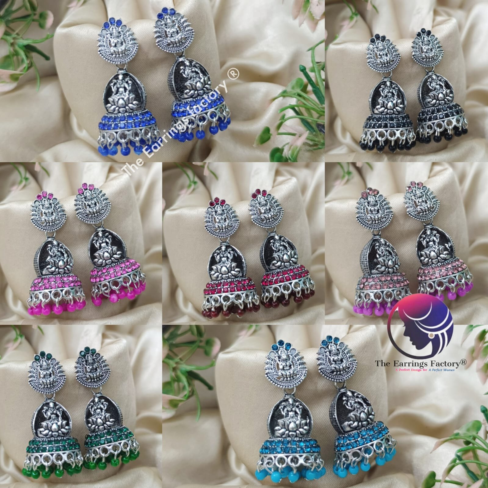 Traditional Silver lakshmi Colourful Pearl beads stone Temple jhumka