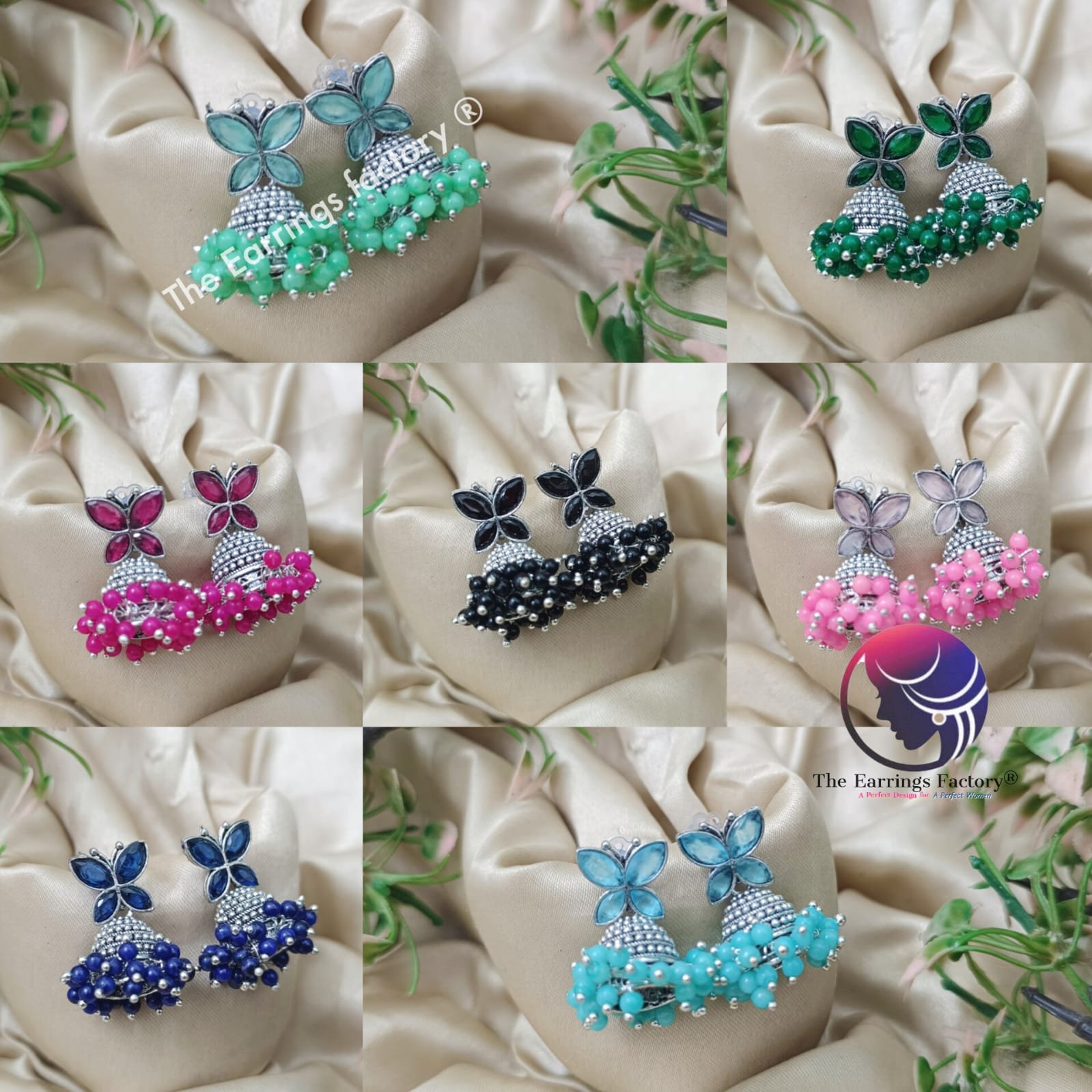 Traditional silver Butterfly Colourful Pearl beads Stone jhumka