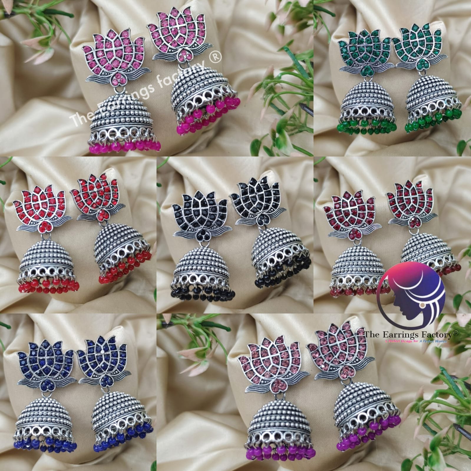 Traditional Silver Colourful Pearl beads Lotus Stone jhumka