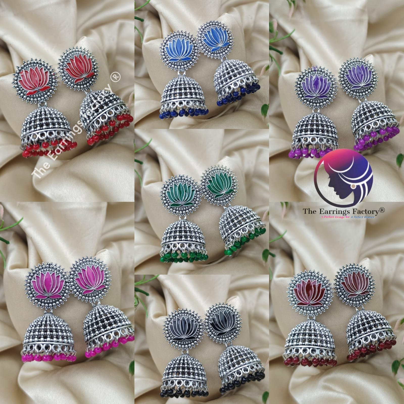 Traditional Silver Colourful Pearl beads Lotus jhumka