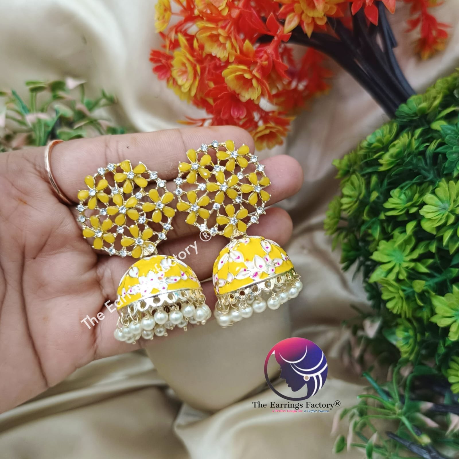 Traditional Meenakari Pearl beads Floral Stone Jhumka - Image 2