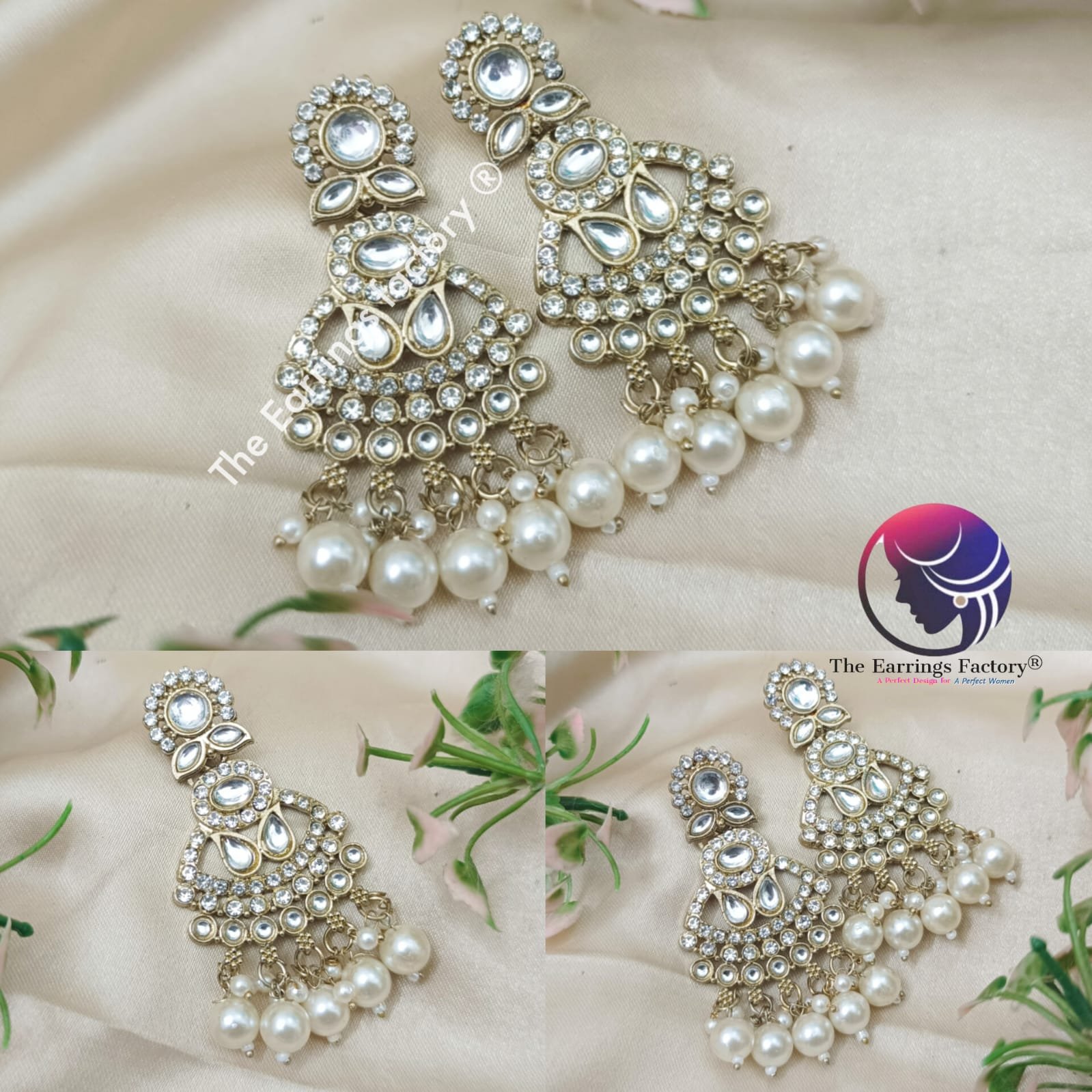 Party Wear Golden Stone Pearl Beads Stone Earrings