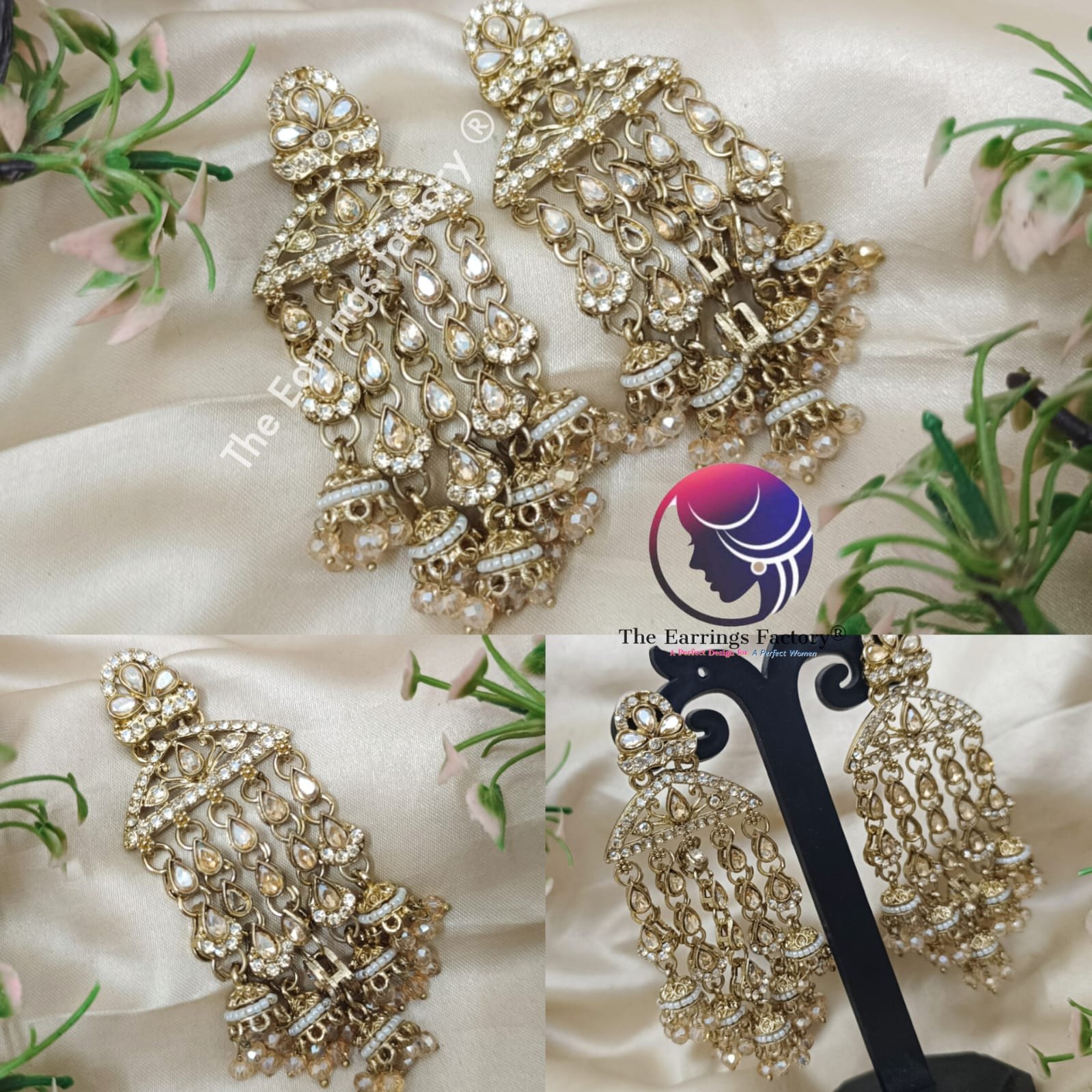 Party Wear Golden Stone Pearl Beads Stone Earrings