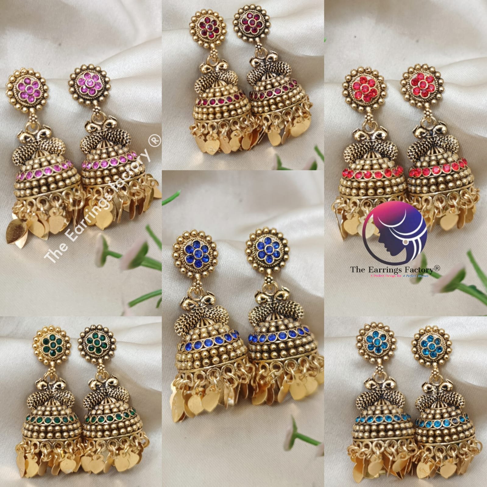 Traditional Golden Colourful Stone Metal Leaf Elakkuthali stone jhumka