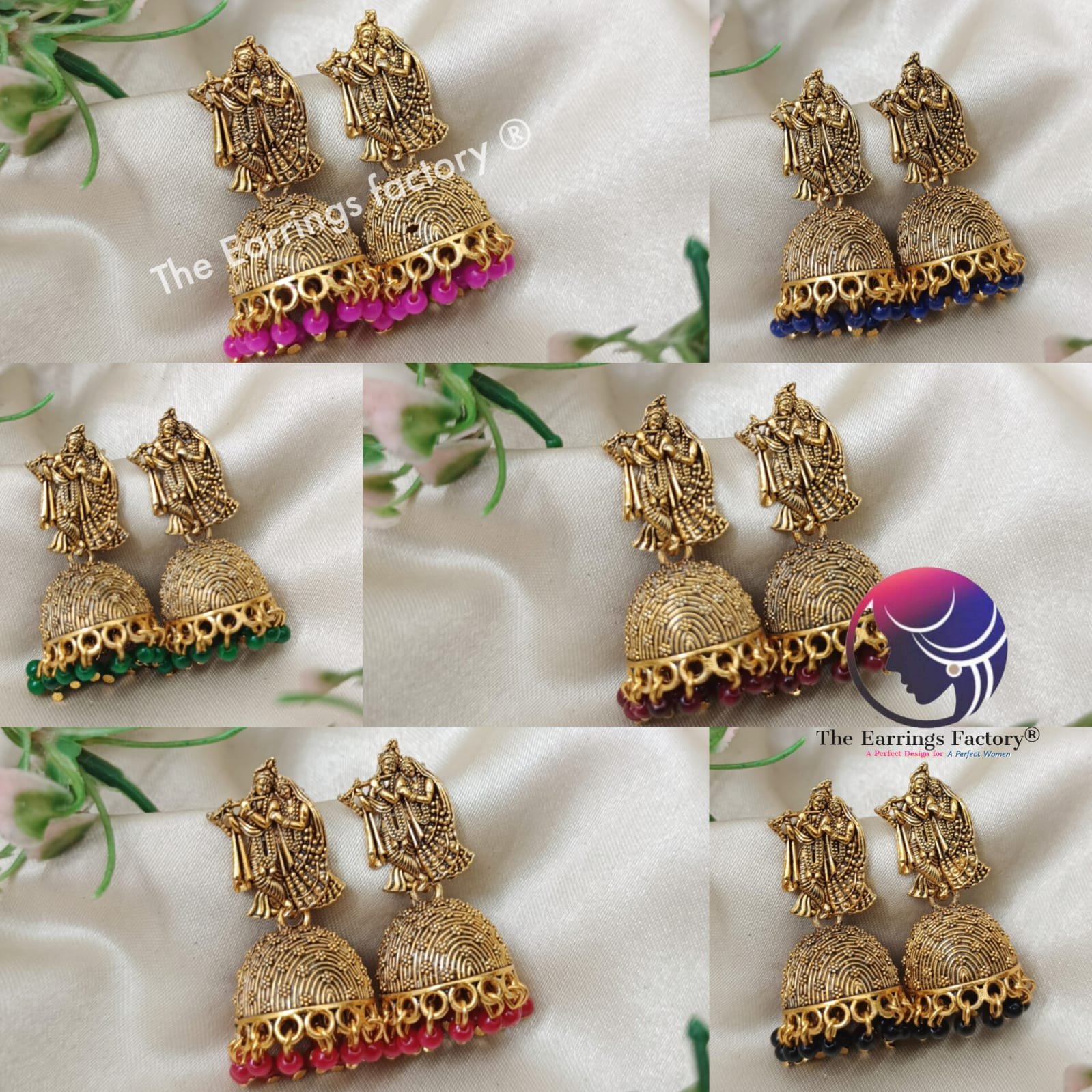 Traditional Golden Colourful Pearl beads Radha Krishna jhumka