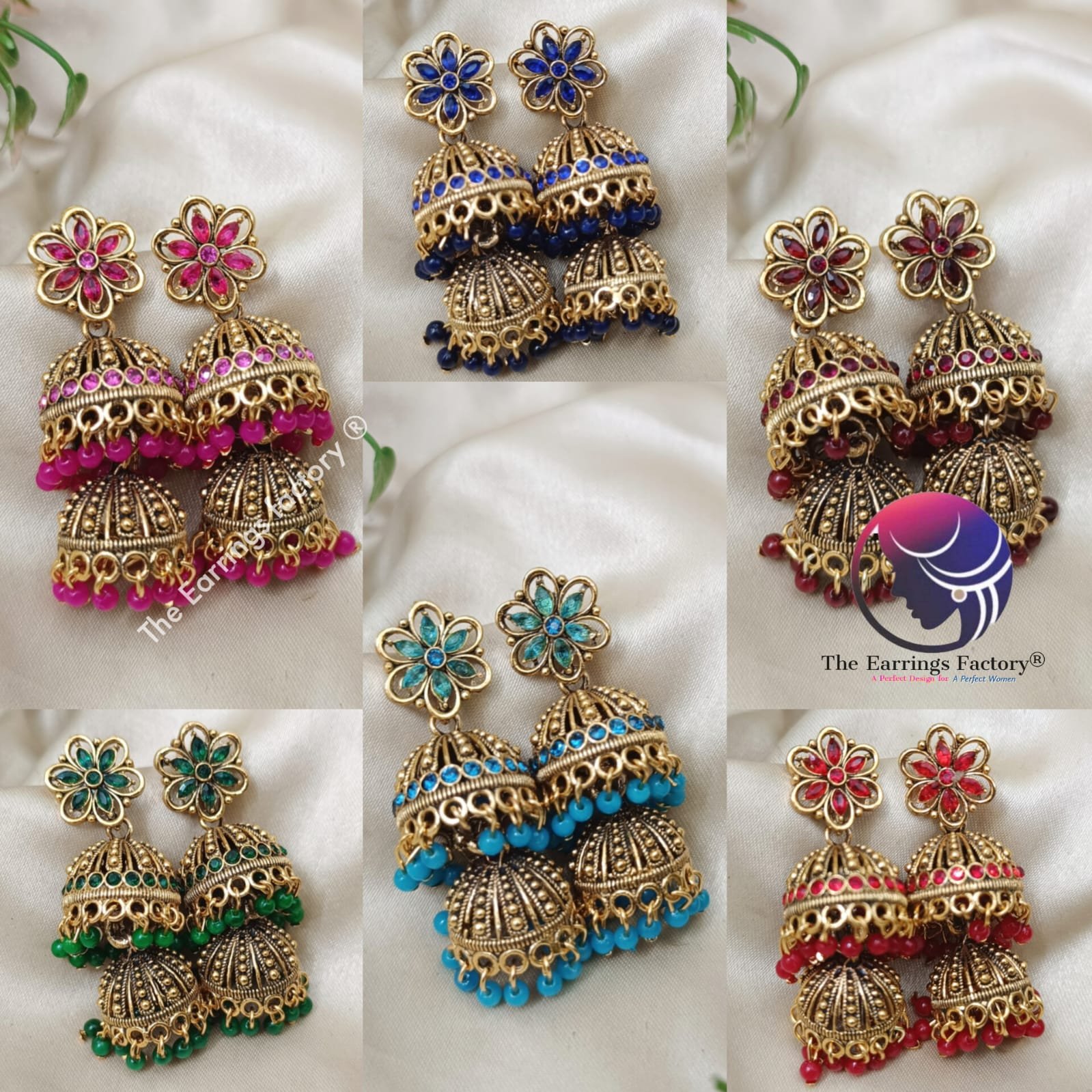 Traditional Golden Colourful Pearl Beads Two Layer Floral Stone Jhumka