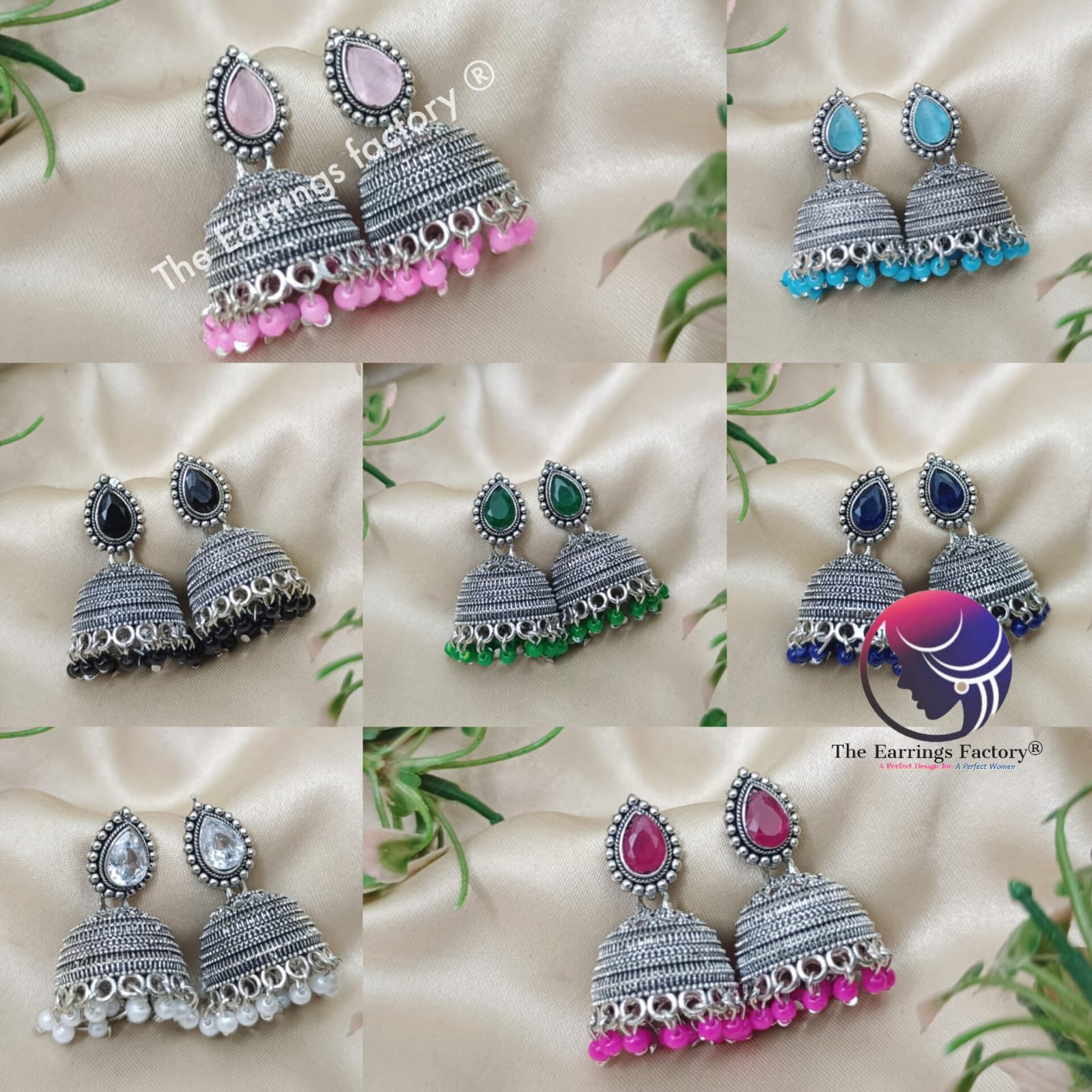 Traditional Silver Colourful Pearl beads Stone jhumka