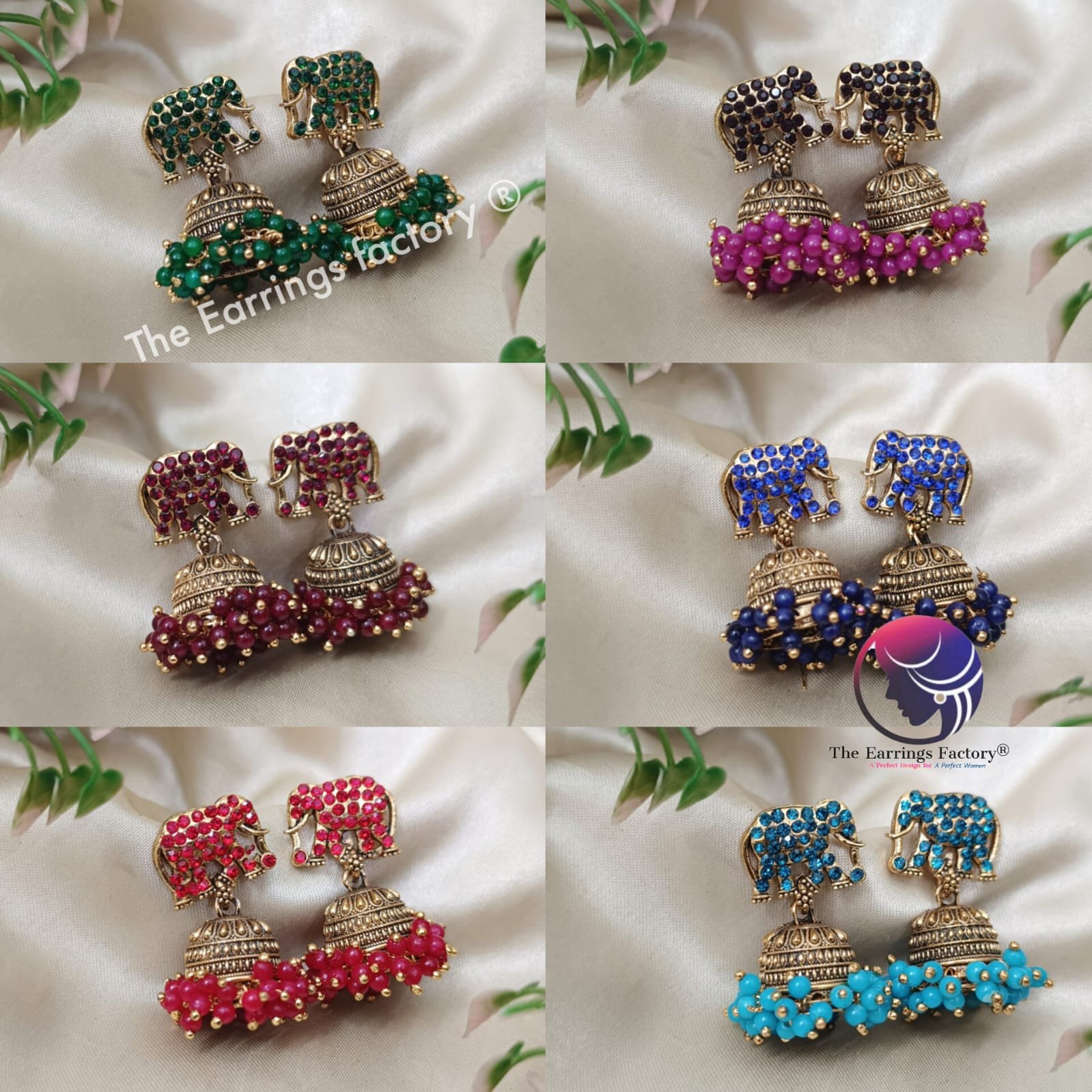 Traditional Elephant Golden Colourful Pearl beads Stone jhumka